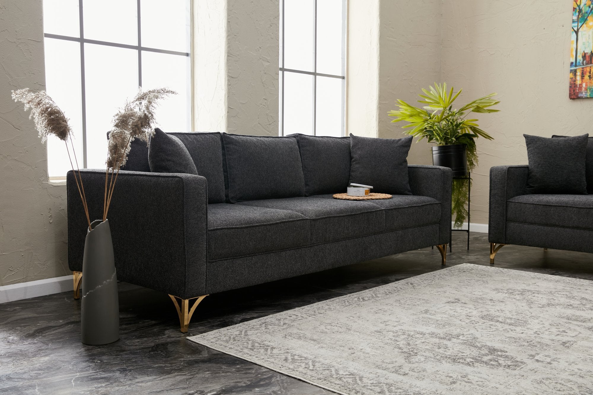 Sofá moderno de 3 lugares, antracite e dourado, 220 cm | Estrutura de madeira de faia, 100% poliéster, fácil de limpar, pernas de metal, design glamoroso para casa e hotel