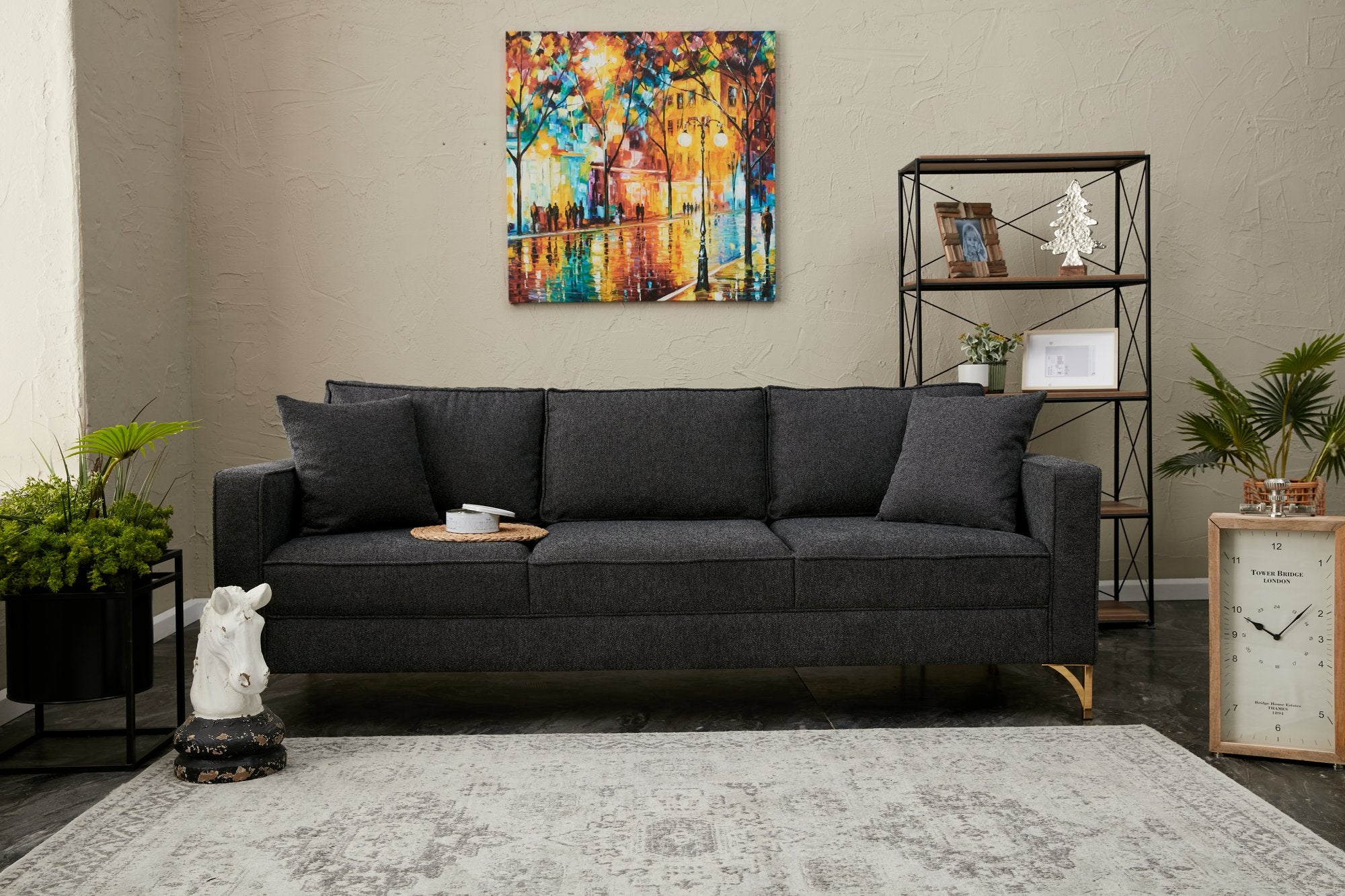 Sofá moderno de 3 lugares, antracite e dourado, 220 cm | Estrutura de madeira de faia, 100% poliéster, fácil de limpar, pernas de metal, design glamoroso para casa e hotel