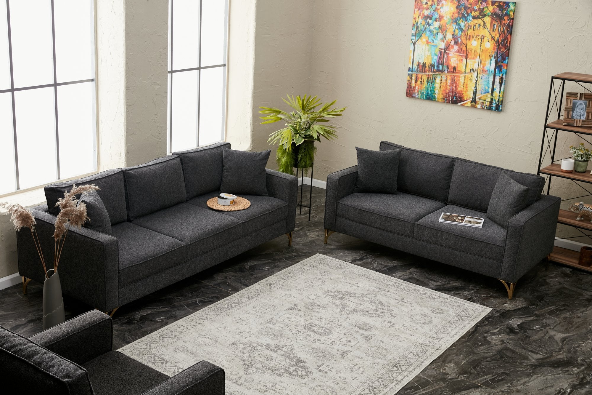 Sofá moderno de 3 lugares, antracite e dourado, 220 cm | Estrutura de madeira de faia, 100% poliéster, fácil de limpar, pernas de metal, design glamoroso para casa e hotel