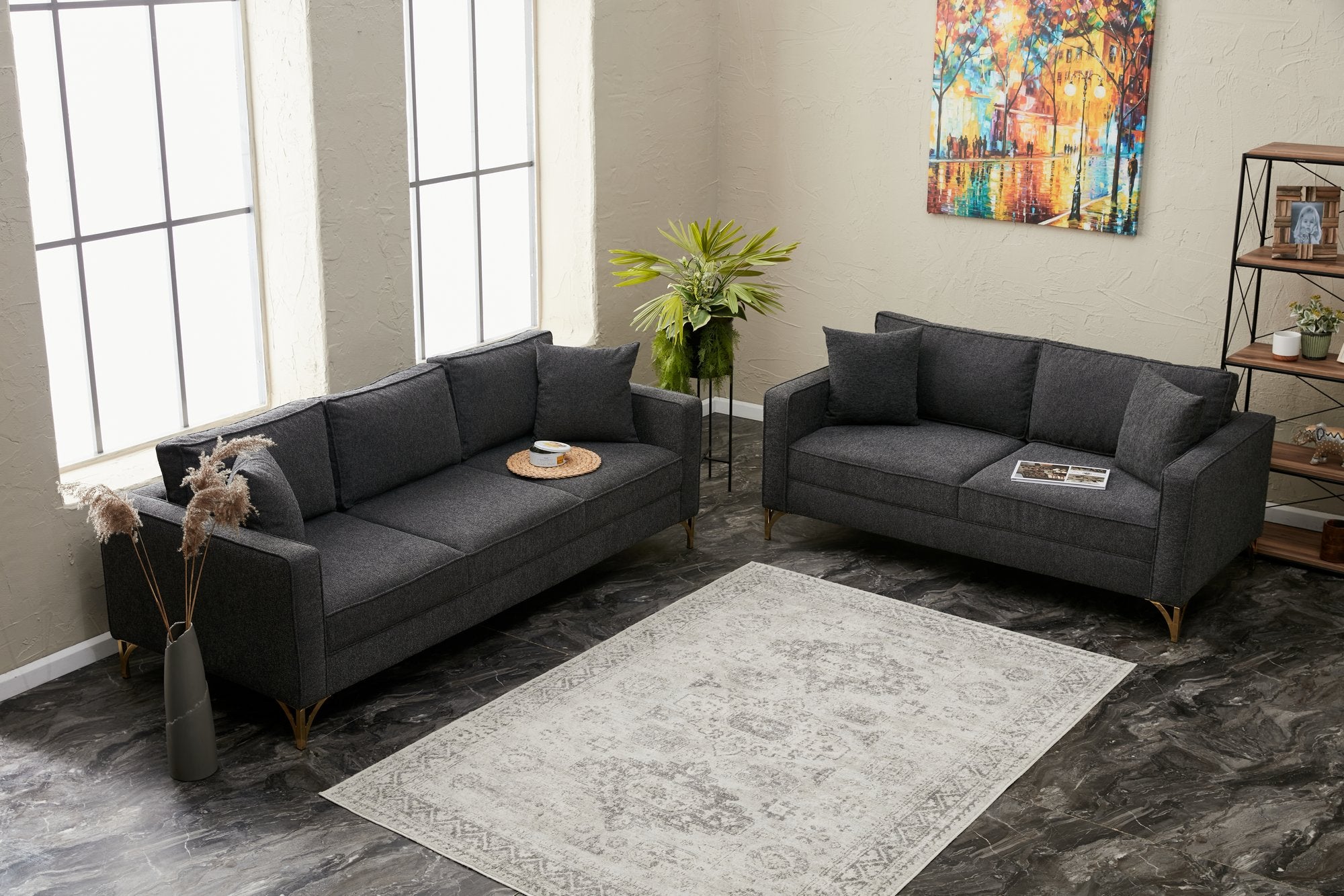 Sofá moderno de 3 lugares, antracite e dourado, 220 cm | Estrutura de madeira de faia, 100% poliéster, fácil de limpar, pernas de metal, design glamoroso para casa e hotel