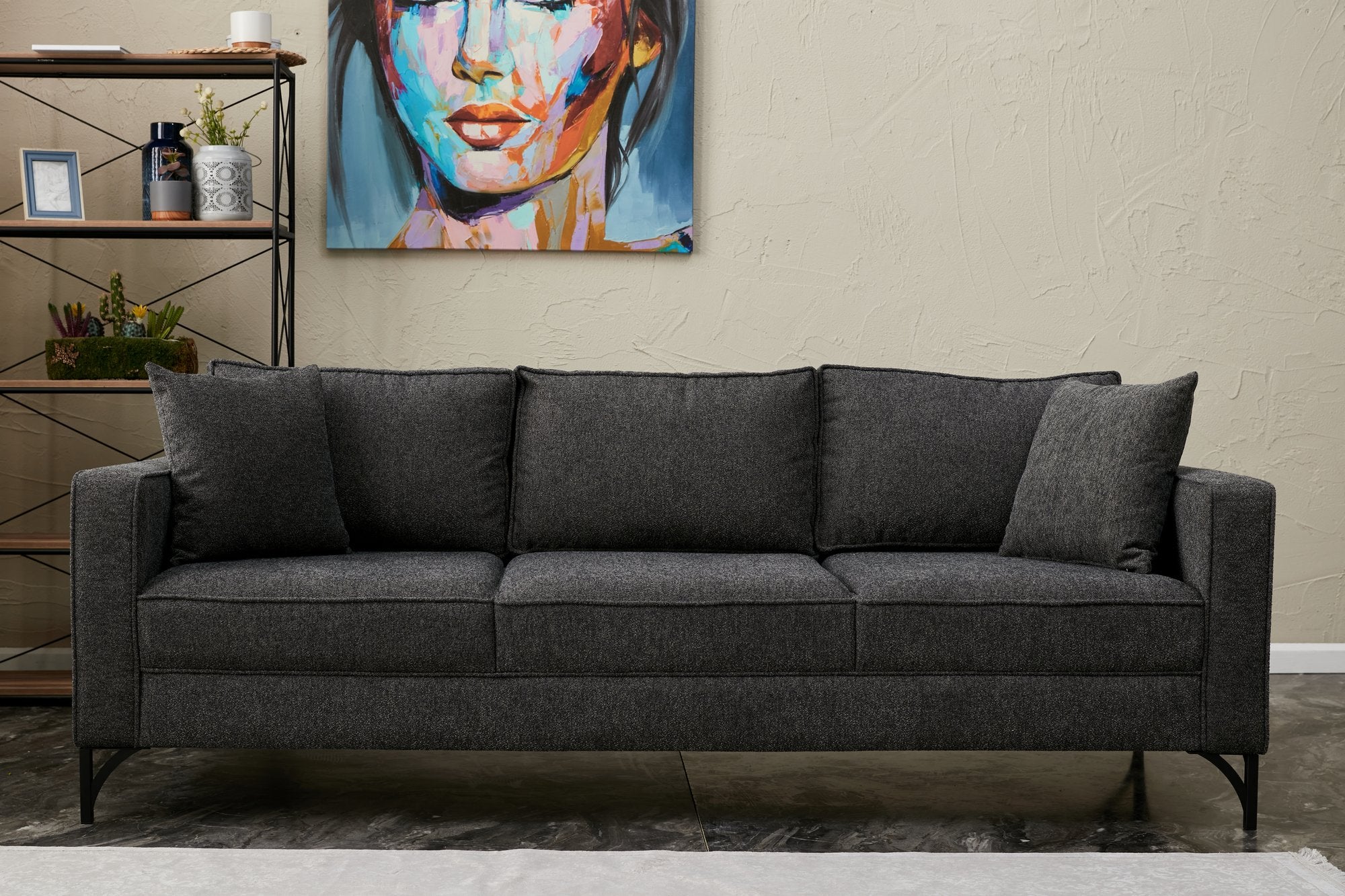 Sofá moderno de 3 lugares, antracite e preto, 220 cm | Estrutura de madeira de faia, 100% poliéster, fácil de limpar, pernas de metal, elegante e confortável para casa e hotel