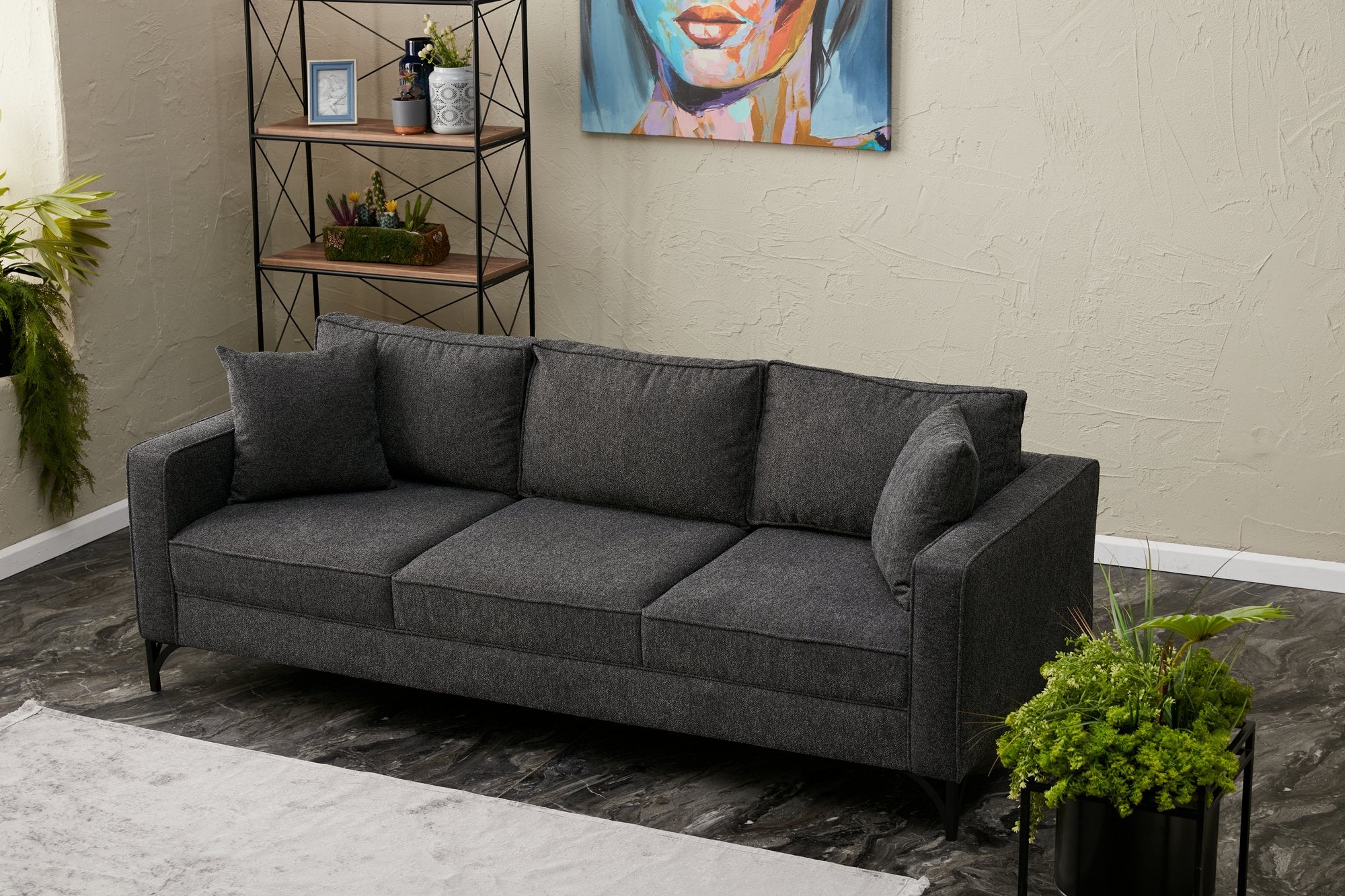 Sofá moderno de 3 lugares, antracite e preto, 220 cm | Estrutura de madeira de faia, 100% poliéster, fácil de limpar, pernas de metal, elegante e confortável para casa e hotel