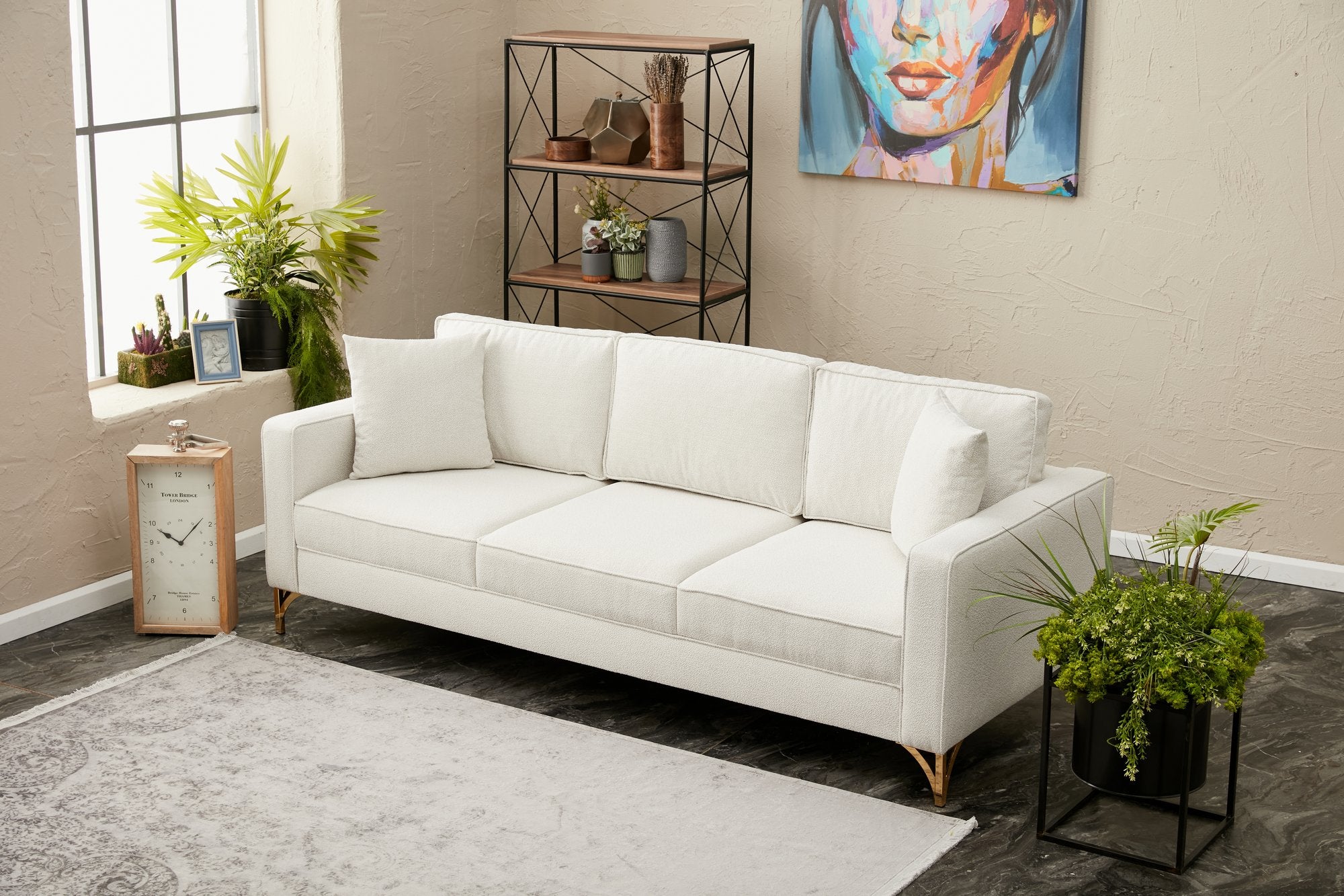 Sofá elegante de 3 lugares, creme e dourado, 220 cm | Estrutura em madeira de faia, 100% poliéster, fácil de limpar | Design moderno e glamouroso para residências e hotéis