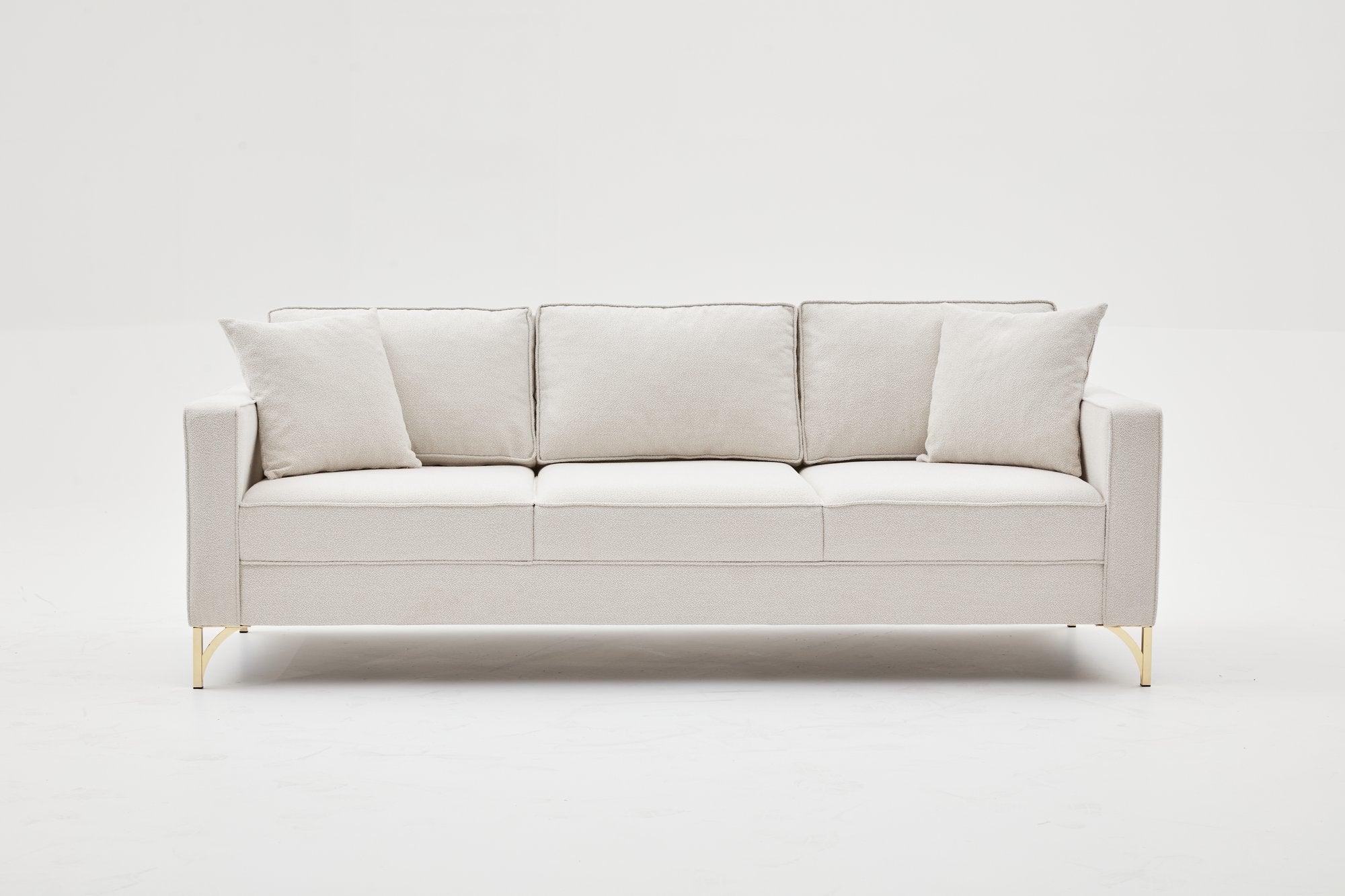 Sofá elegante de 3 lugares, creme e dourado, 220 cm | Estrutura em madeira de faia, 100% poliéster, fácil de limpar | Design moderno e glamouroso para residências e hotéis
