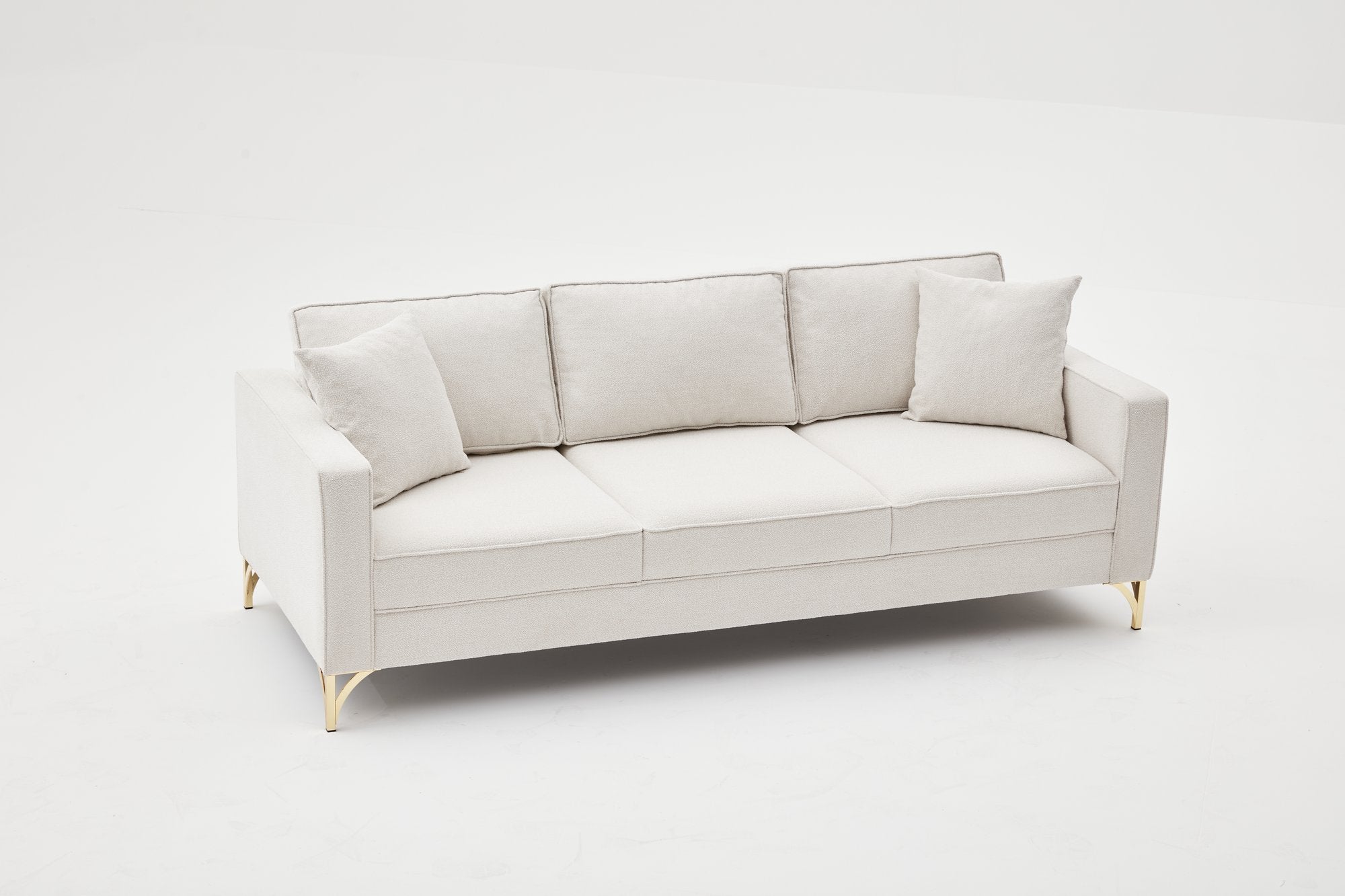 Sofá elegante de 3 lugares, creme e dourado, 220 cm | Estrutura em madeira de faia, 100% poliéster, fácil de limpar | Design moderno e glamouroso para residências e hotéis
