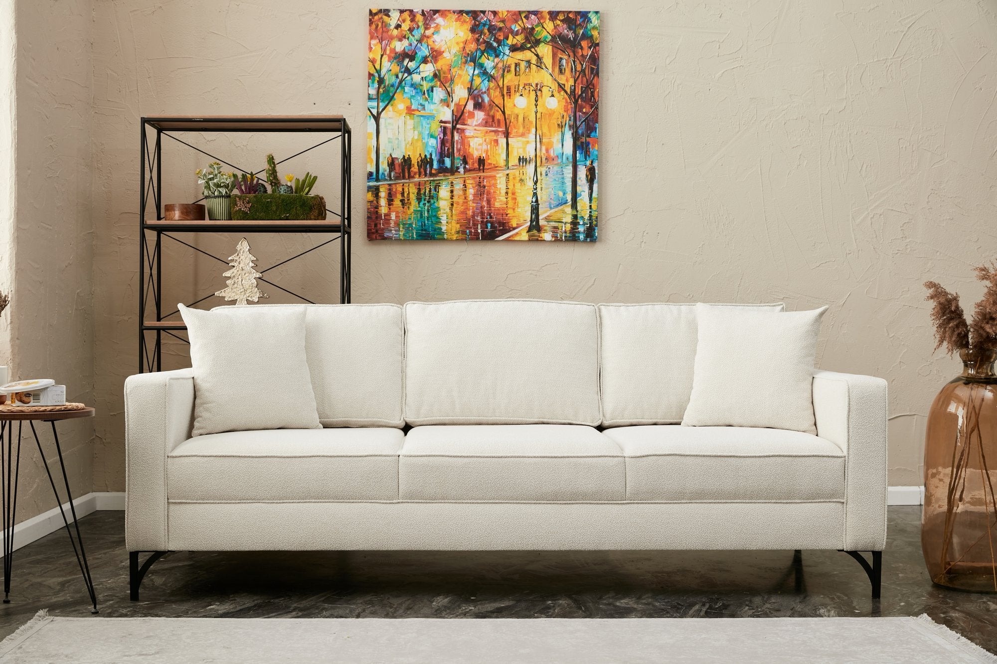 Sofá moderno de 3 lugares, creme e preto, estrutura de madeira de faia, 220 cm | 100% poliéster, tecido fácil de limpar, pernas de metal, design elegante e confortável para casa e hotel