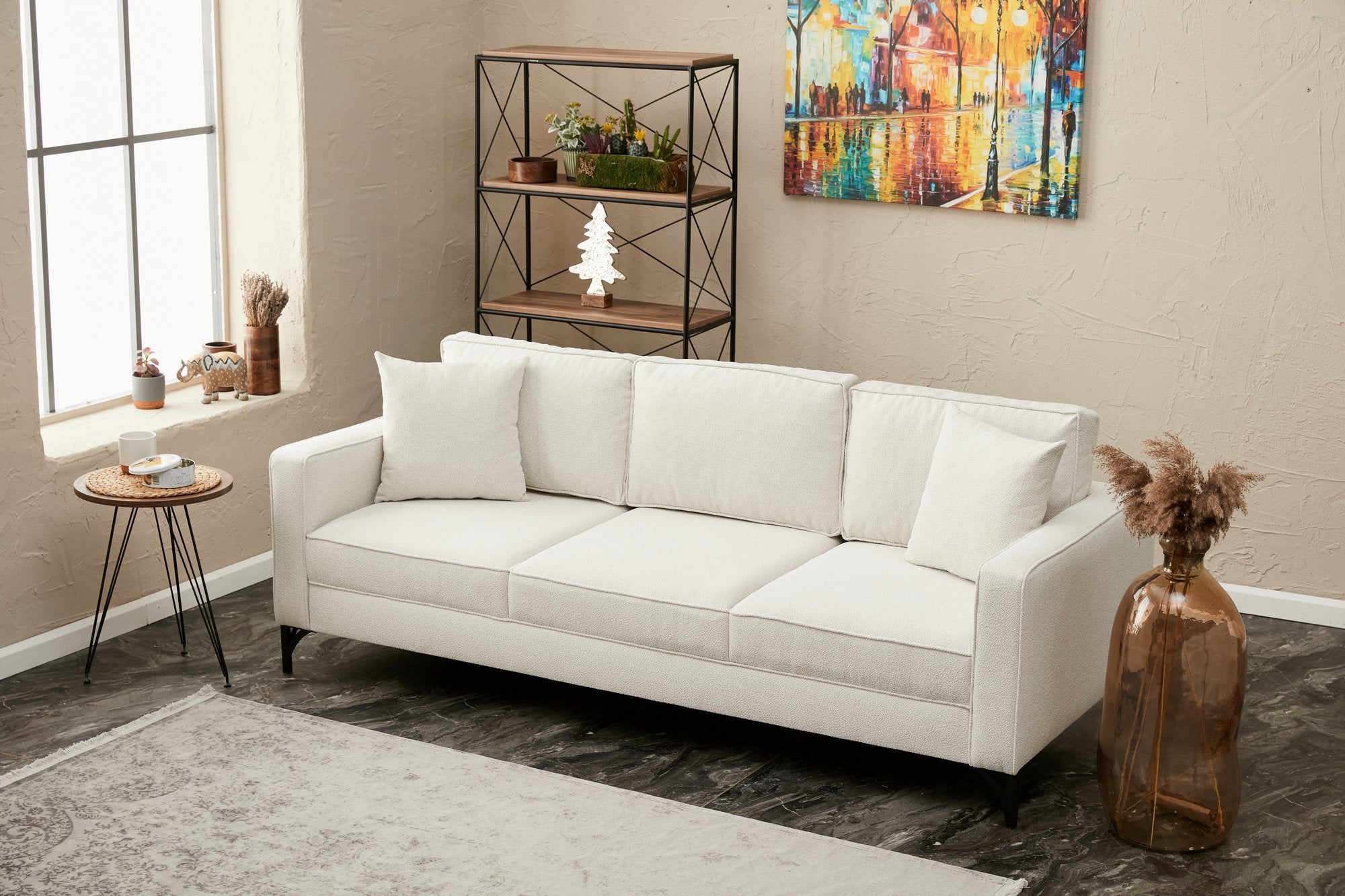 Sofá moderno de 3 lugares, creme e preto, estrutura de madeira de faia, 220 cm | 100% poliéster, tecido fácil de limpar, pernas de metal, design elegante e confortável para casa e hotel