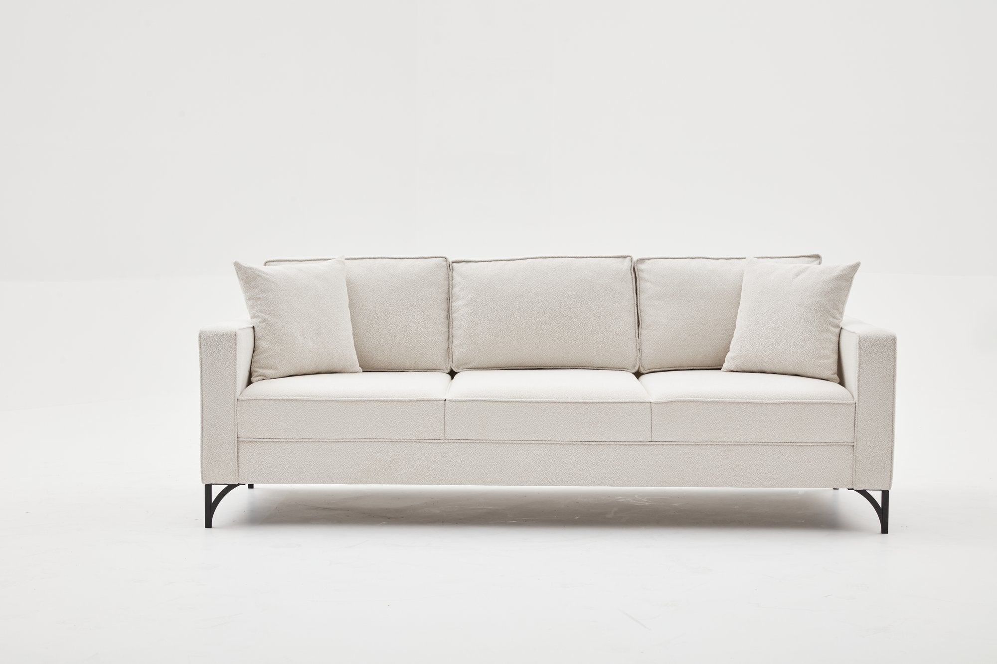 Sofá moderno de 3 lugares, creme e preto, estrutura de madeira de faia, 220 cm | 100% poliéster, tecido fácil de limpar, pernas de metal, design elegante e confortável para casa e hotel