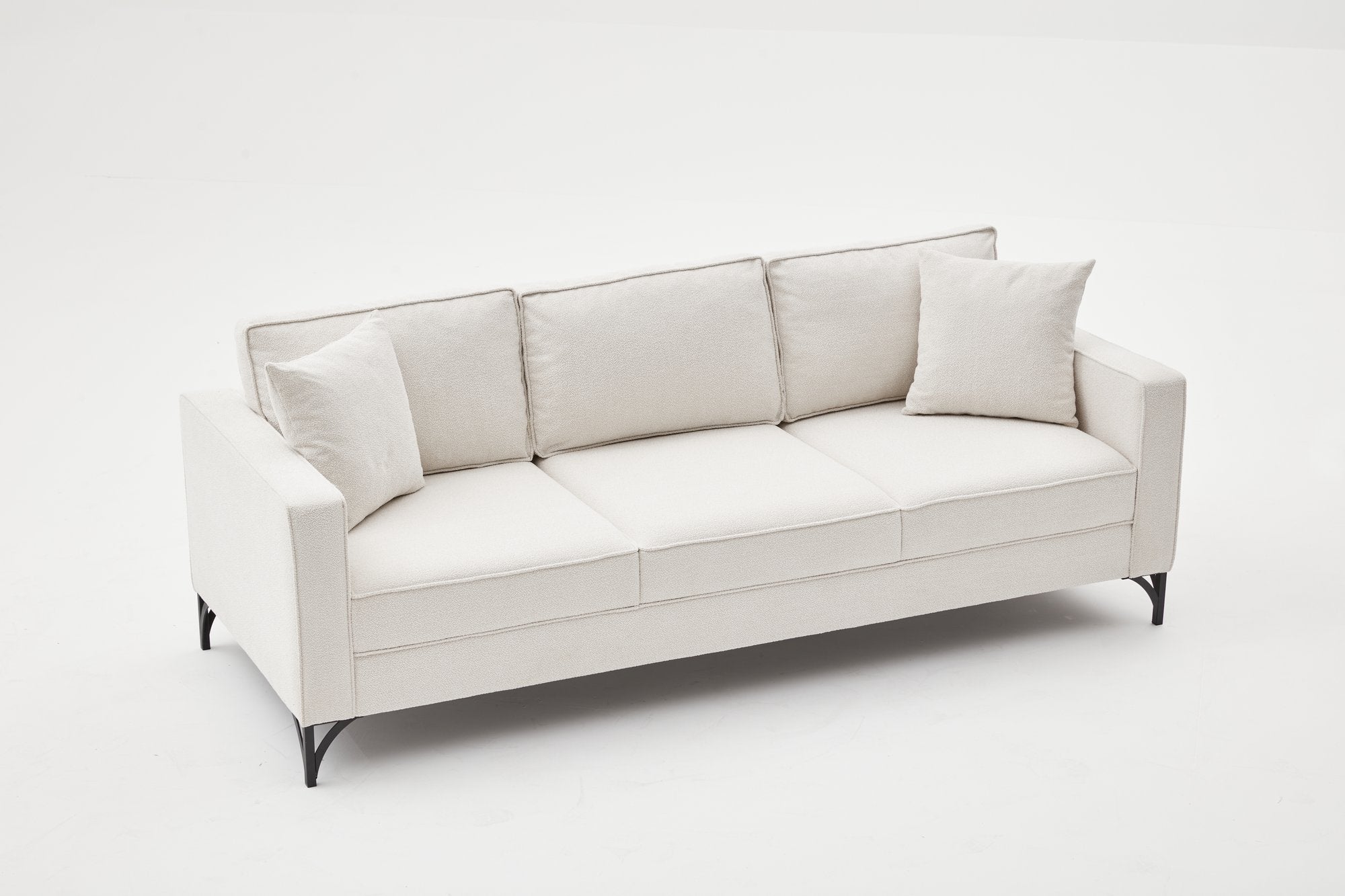 Sofá moderno de 3 lugares, creme e preto, estrutura de madeira de faia, 220 cm | 100% poliéster, tecido fácil de limpar, pernas de metal, design elegante e confortável para casa e hotel