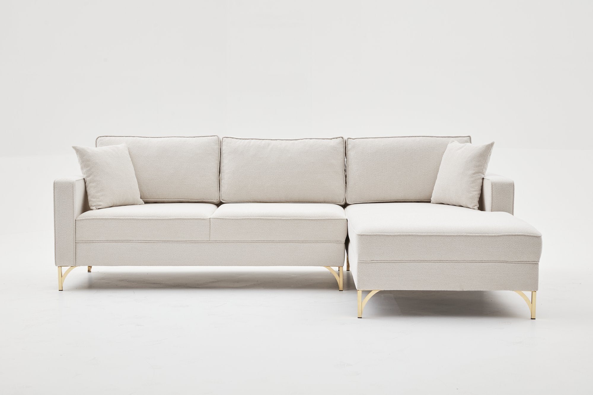 Sofá de canto elegante, creme e dourado, 258 cm | Estrutura de madeira de faia, 100% poliéster, fácil de limpar | Design moderno com pernas de metal, perfeito para espaços de convivência glamorosos