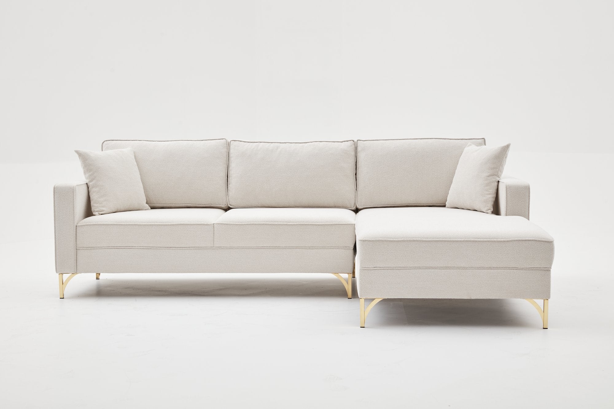 Sofá de canto elegante, creme e dourado, 258 cm | Estrutura de madeira de faia, 100% poliéster, fácil de limpar | Design moderno com pernas de metal, perfeito para espaços de convivência glamorosos