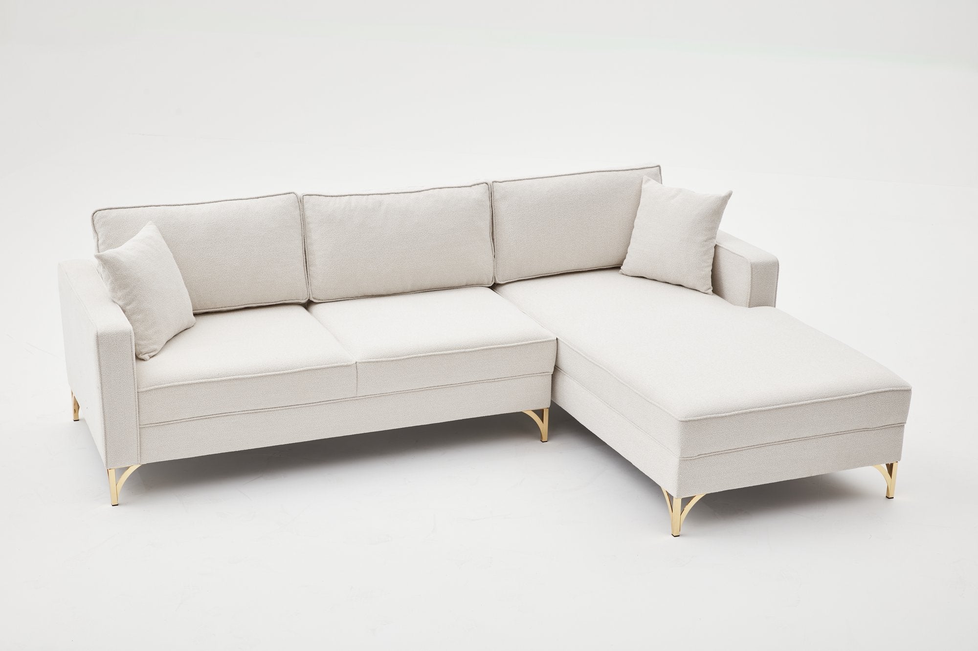 Sofá de canto elegante, creme e dourado, 258 cm | Estrutura de madeira de faia, 100% poliéster, fácil de limpar | Design moderno com pernas de metal, perfeito para espaços de convivência glamorosos