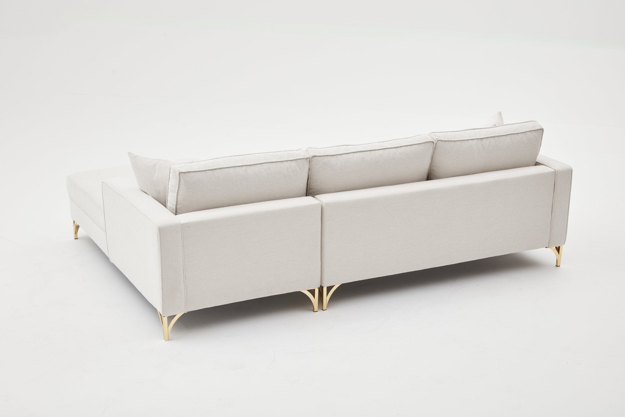 Sofá de canto elegante, creme e dourado, 258 cm | Estrutura de madeira de faia, 100% poliéster, fácil de limpar | Design moderno com pernas de metal, perfeito para espaços de convivência glamorosos