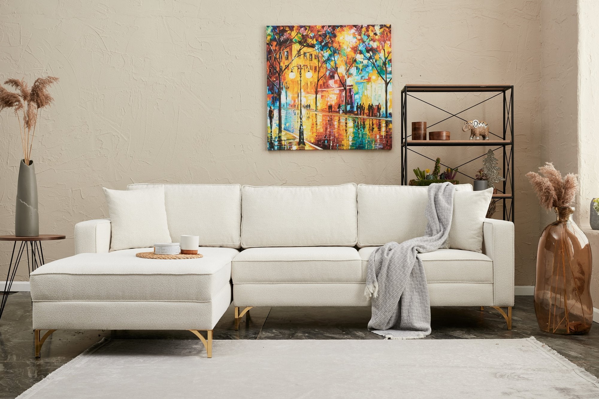 Sofá de canto elegante, creme e dourado, 258 cm | Estrutura de madeira de faia, 100% poliéster, fácil de limpar | Design moderno com pernas de metal, perfeito para espaços de convivência glamorosos