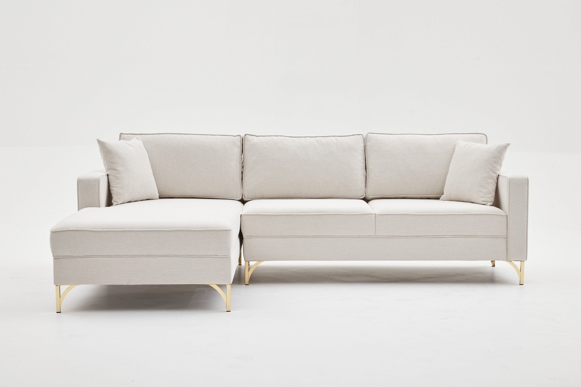 Sofá de canto elegante, creme e dourado, 258 cm | Estrutura de madeira de faia, 100% poliéster, fácil de limpar | Design moderno com pernas de metal, perfeito para espaços de convivência glamorosos