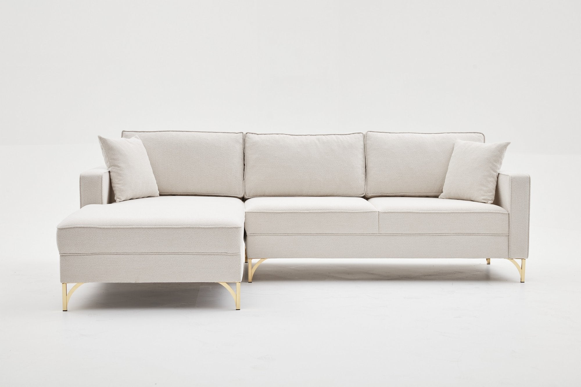 Sofá de canto elegante, creme e dourado, 258 cm | Estrutura de madeira de faia, 100% poliéster, fácil de limpar | Design moderno com pernas de metal, perfeito para espaços de convivência glamorosos