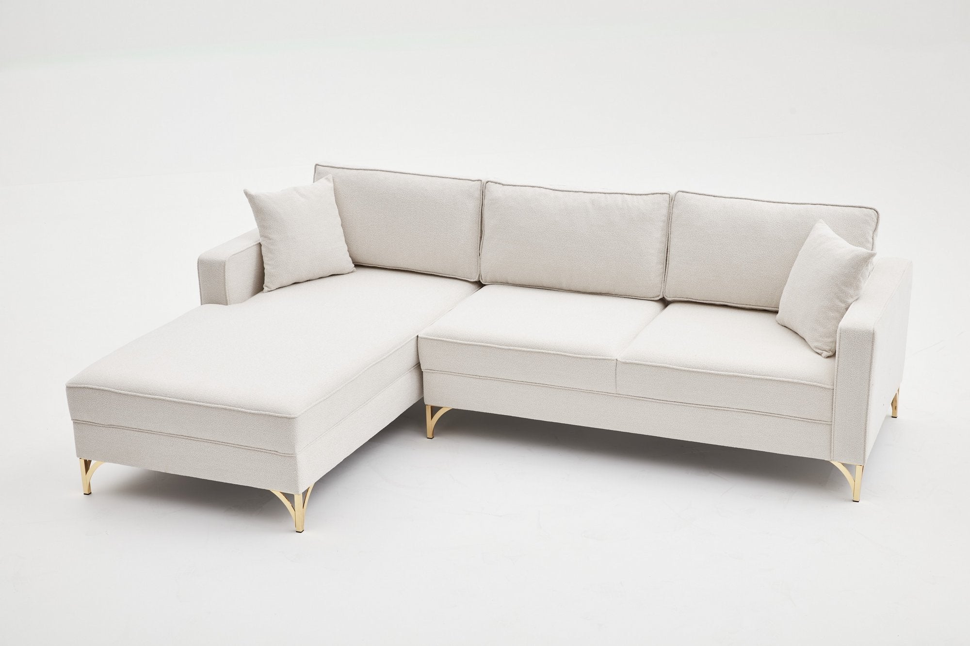 Sofá de canto elegante, creme e dourado, 258 cm | Estrutura de madeira de faia, 100% poliéster, fácil de limpar | Design moderno com pernas de metal, perfeito para espaços de convivência glamorosos