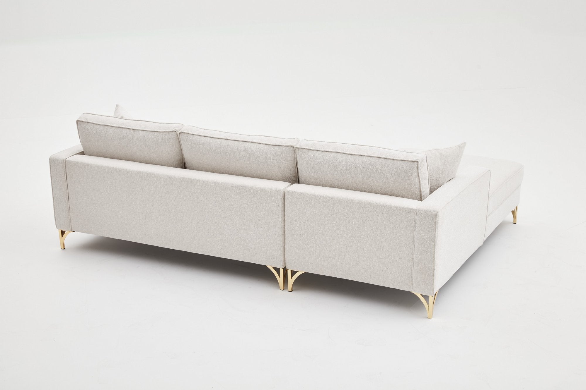 Sofá de canto elegante, creme e dourado, 258 cm | Estrutura de madeira de faia, 100% poliéster, fácil de limpar | Design moderno com pernas de metal, perfeito para espaços de convivência glamorosos