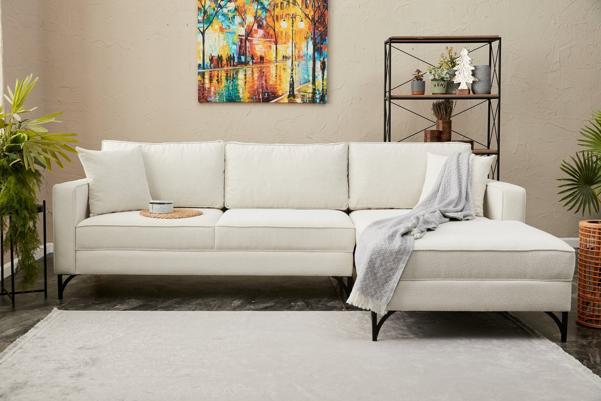 Sofá de Canto Moderno, Creme e Preto, 258 cm | Estrutura em Madeira de Faia, 100% Poliéster, Tecido Fácil de Limpar, Pés de Metal | Elegante e Confortável para Espaços de Convivência