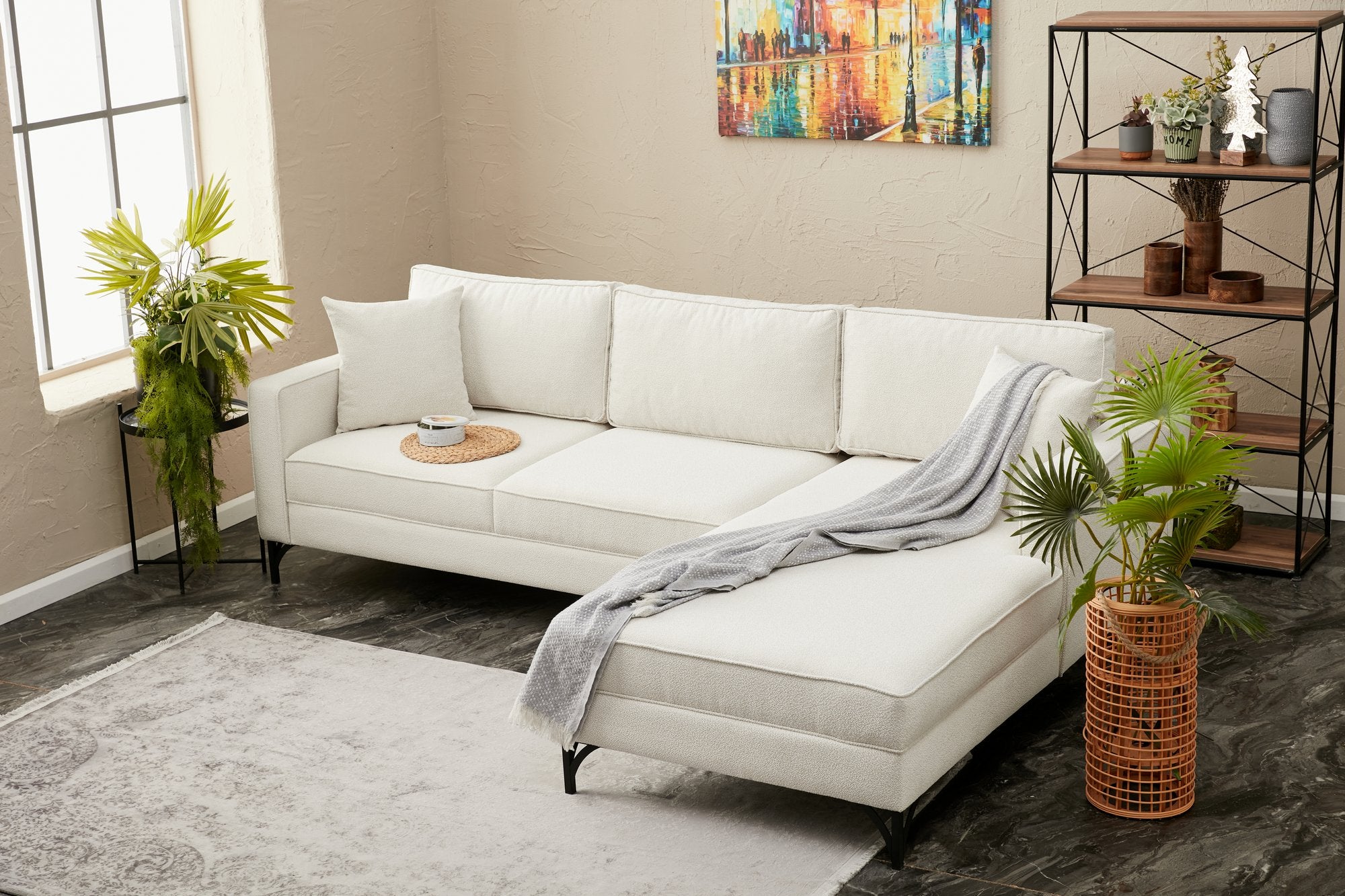 Sofá de Canto Moderno, Creme e Preto, 258 cm | Estrutura em Madeira de Faia, 100% Poliéster, Tecido Fácil de Limpar, Pés de Metal | Elegante e Confortável para Espaços de Convivência