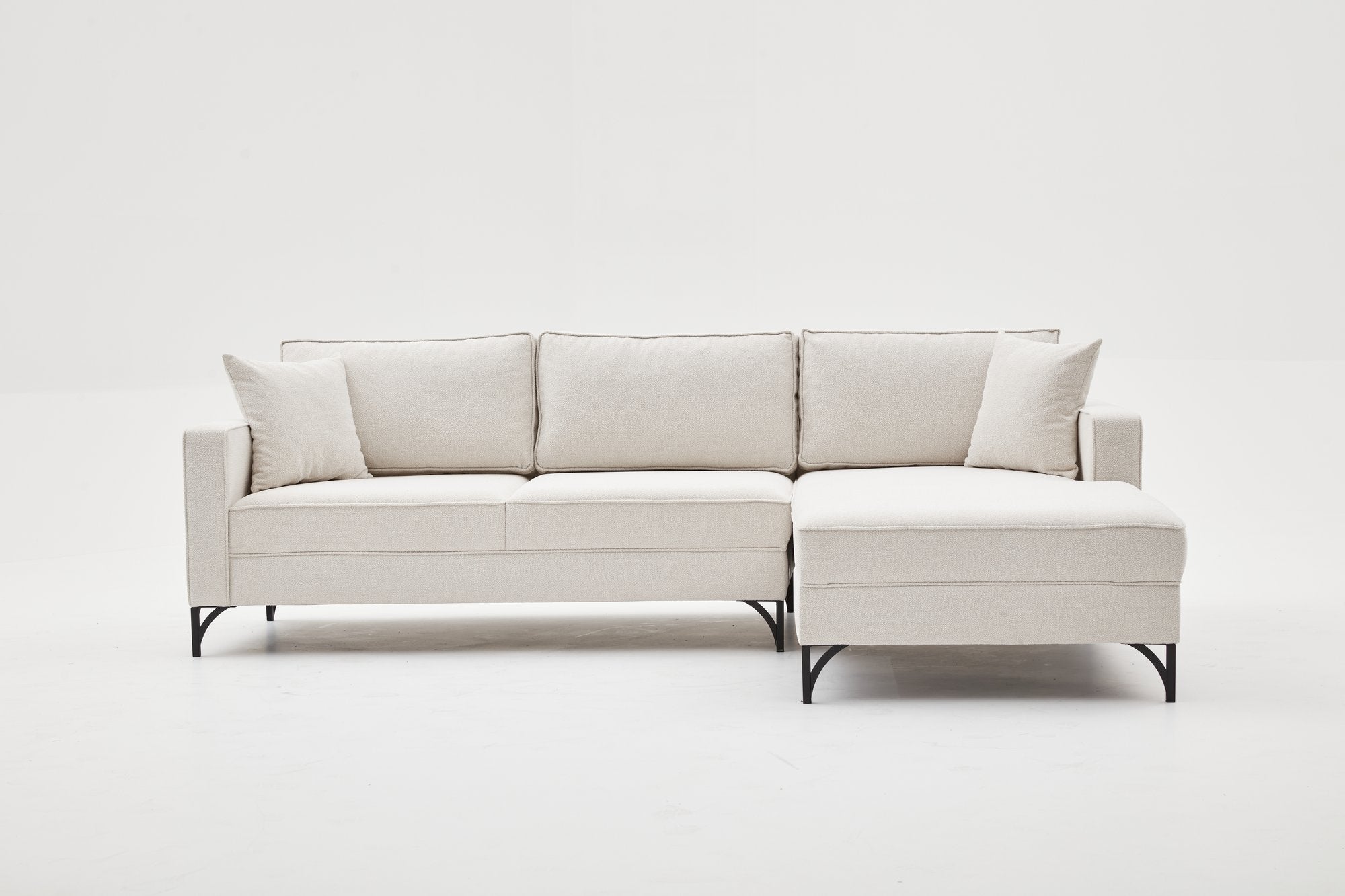 Sofá de Canto Moderno, Creme e Preto, 258 cm | Estrutura em Madeira de Faia, 100% Poliéster, Tecido Fácil de Limpar, Pés de Metal | Elegante e Confortável para Espaços de Convivência
