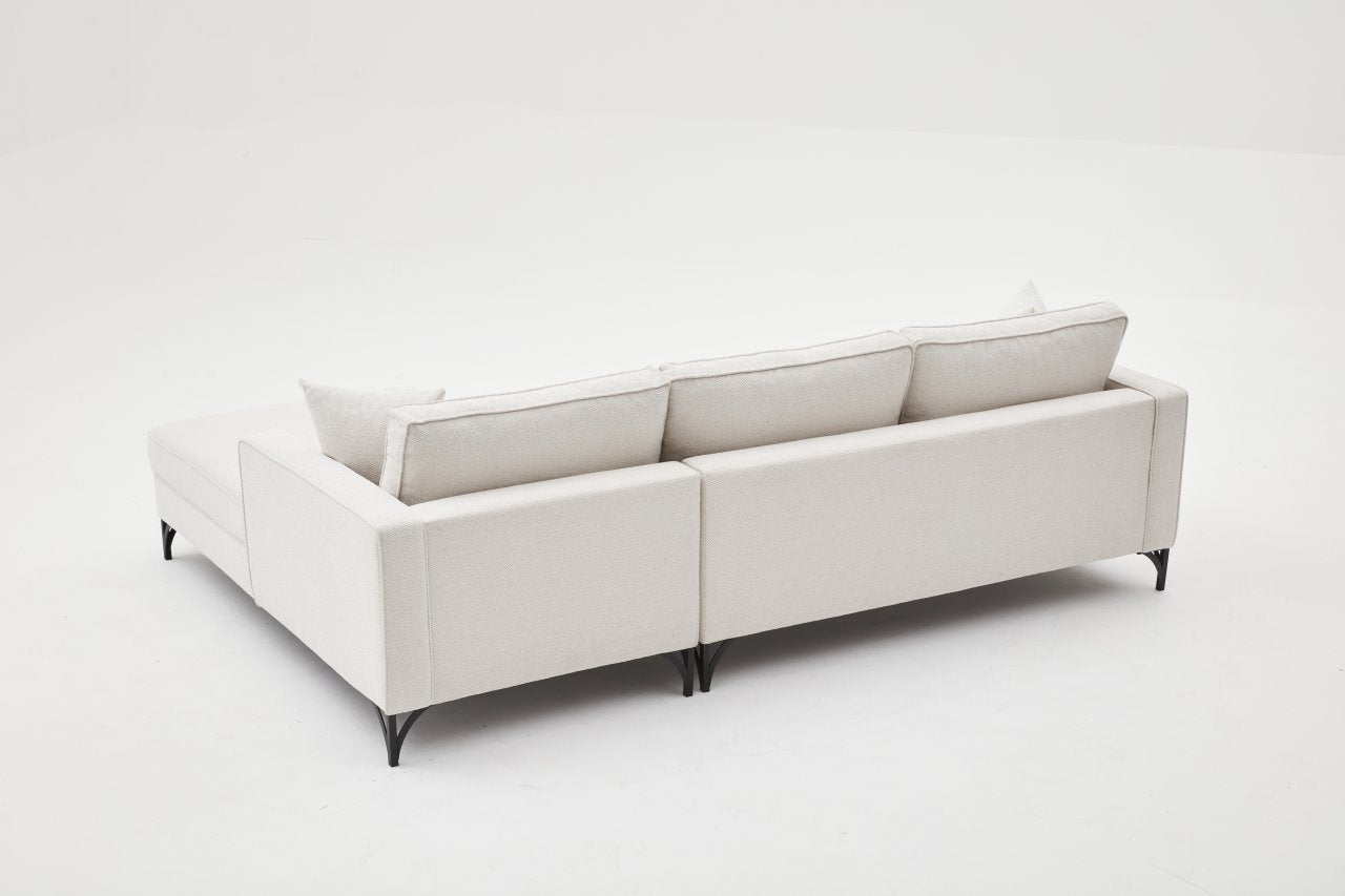Sofá de Canto Moderno, Creme e Preto, 258 cm | Estrutura em Madeira de Faia, 100% Poliéster, Tecido Fácil de Limpar, Pés de Metal | Elegante e Confortável para Espaços de Convivência