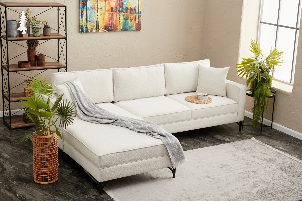 Sofá de Canto Moderno, Creme e Preto, 258 cm | Estrutura em Madeira de Faia, 100% Poliéster, Tecido Fácil de Limpar, Pés de Metal | Elegante e Confortável para Espaços de Convivência