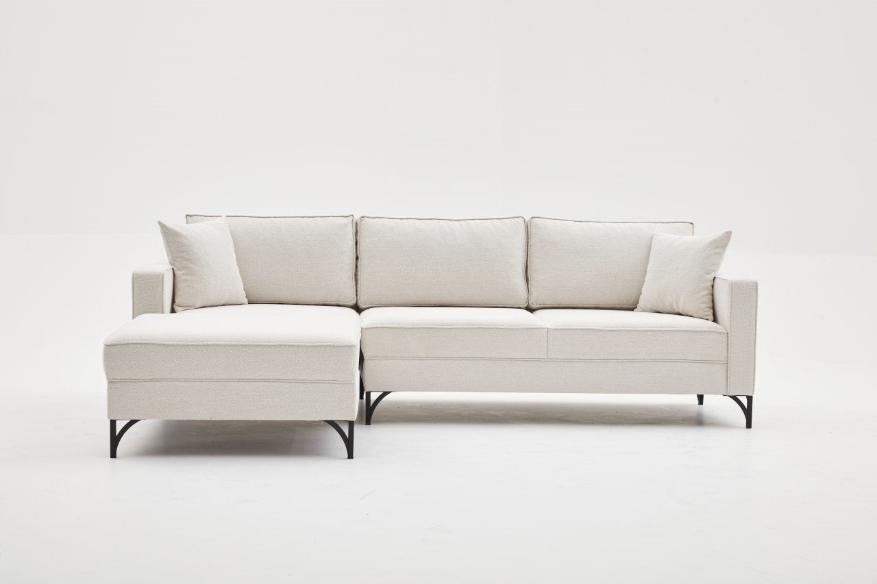 Sofá de Canto Moderno, Creme e Preto, 258 cm | Estrutura em Madeira de Faia, 100% Poliéster, Tecido Fácil de Limpar, Pés de Metal | Elegante e Confortável para Espaços de Convivência