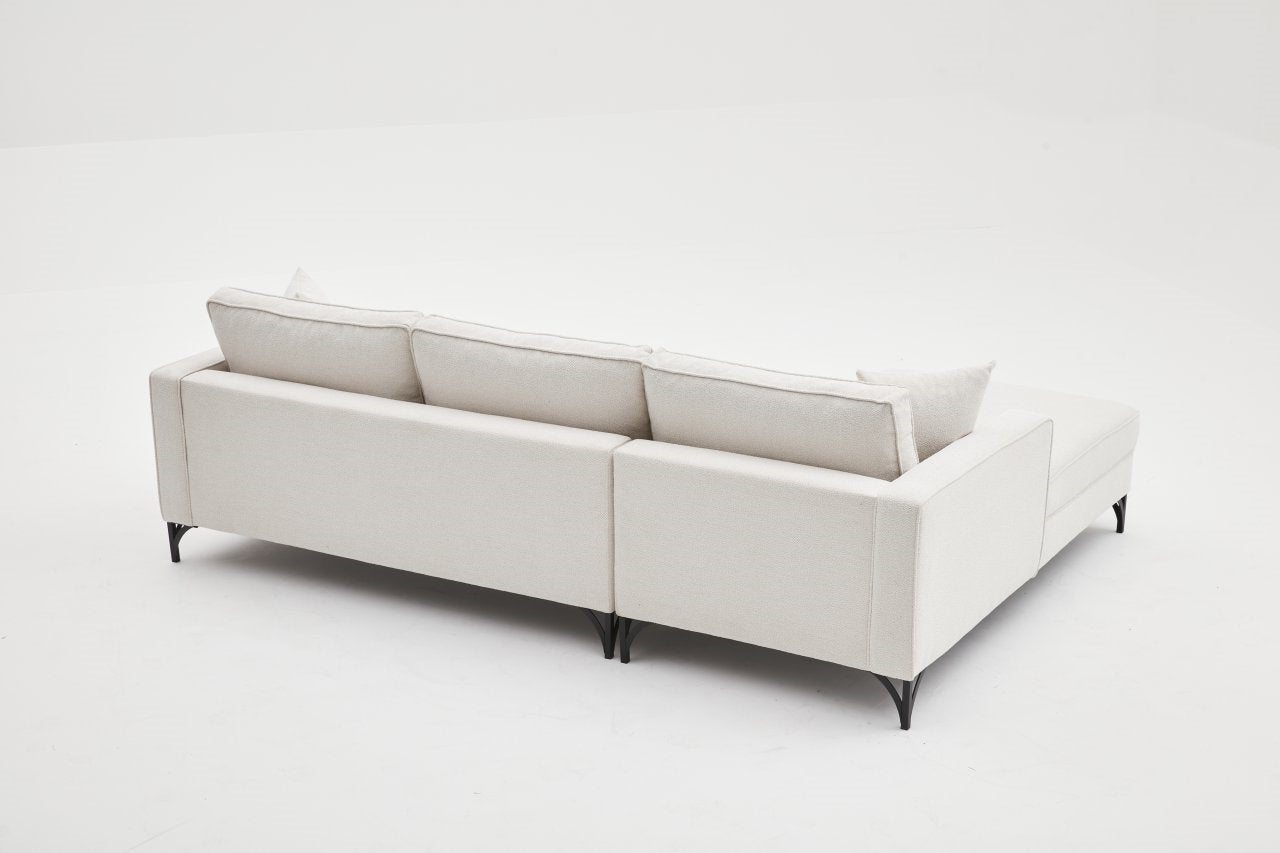 Sofá de Canto Moderno, Creme e Preto, 258 cm | Estrutura em Madeira de Faia, 100% Poliéster, Tecido Fácil de Limpar, Pés de Metal | Elegante e Confortável para Espaços de Convivência