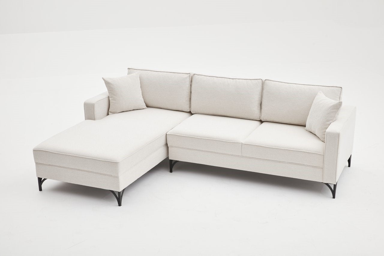 Sofá de Canto Moderno, Creme e Preto, 258 cm | Estrutura em Madeira de Faia, 100% Poliéster, Tecido Fácil de Limpar, Pés de Metal | Elegante e Confortável para Espaços de Convivência