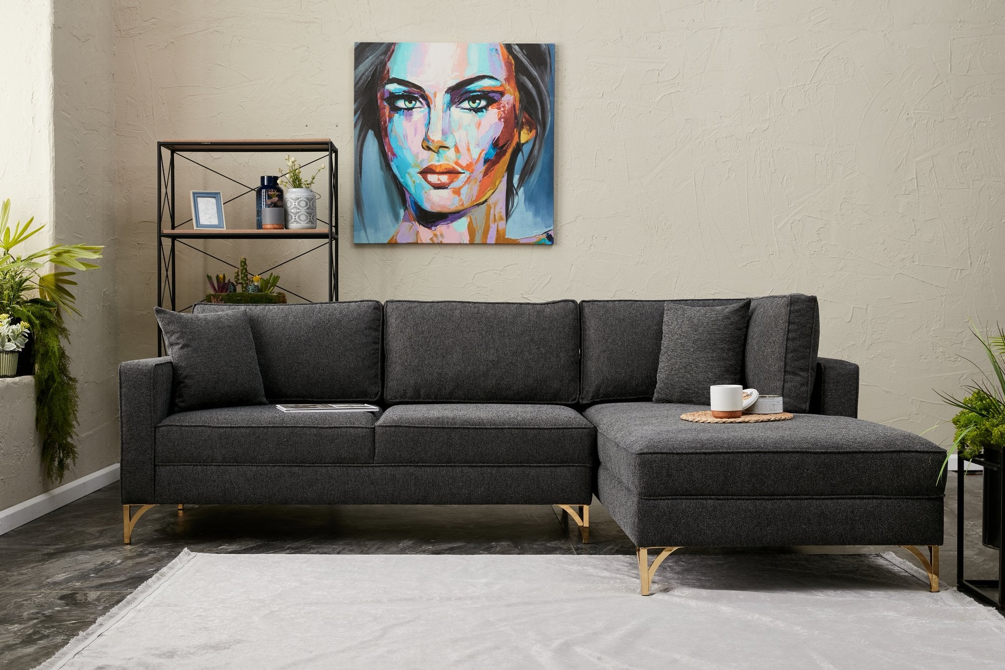 Sofá de Canto Moderno, Antracite e Dourado, 258 cm | Estrutura em Madeira de Faia, 100% Poliéster, Tecido Fácil de Limpar, Pés de Metal | Design Elegante e Confortável para Espaços de Convivência