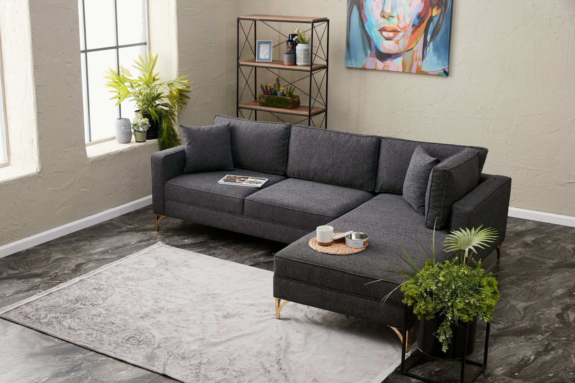 Sofá de Canto Moderno, Antracite e Dourado, 258 cm | Estrutura em Madeira de Faia, 100% Poliéster, Tecido Fácil de Limpar, Pés de Metal | Design Elegante e Confortável para Espaços de Convivência