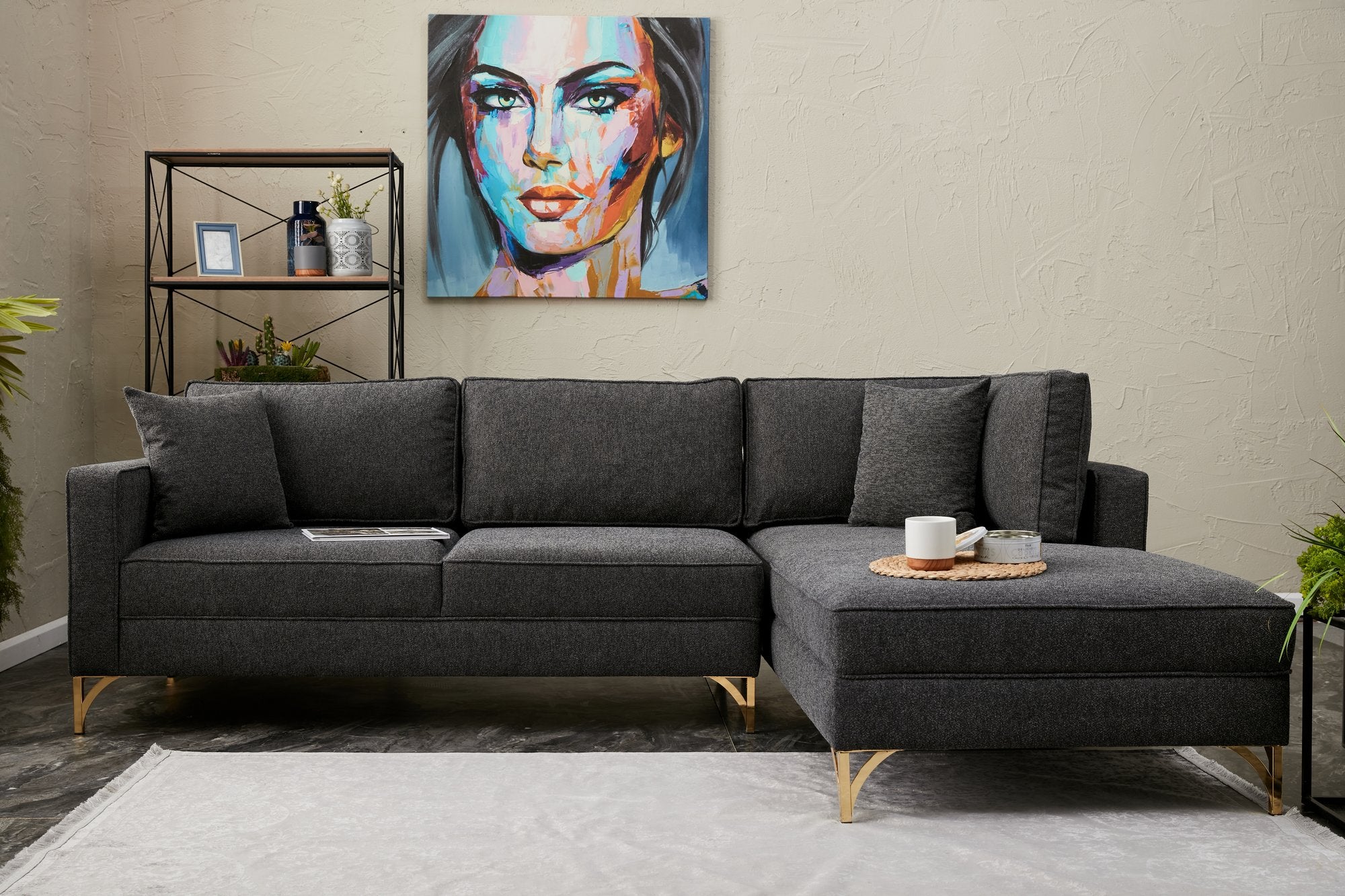 Sofá de Canto Moderno, Antracite e Dourado, 258 cm | Estrutura em Madeira de Faia, 100% Poliéster, Tecido Fácil de Limpar, Pés de Metal | Design Elegante e Confortável para Espaços de Convivência