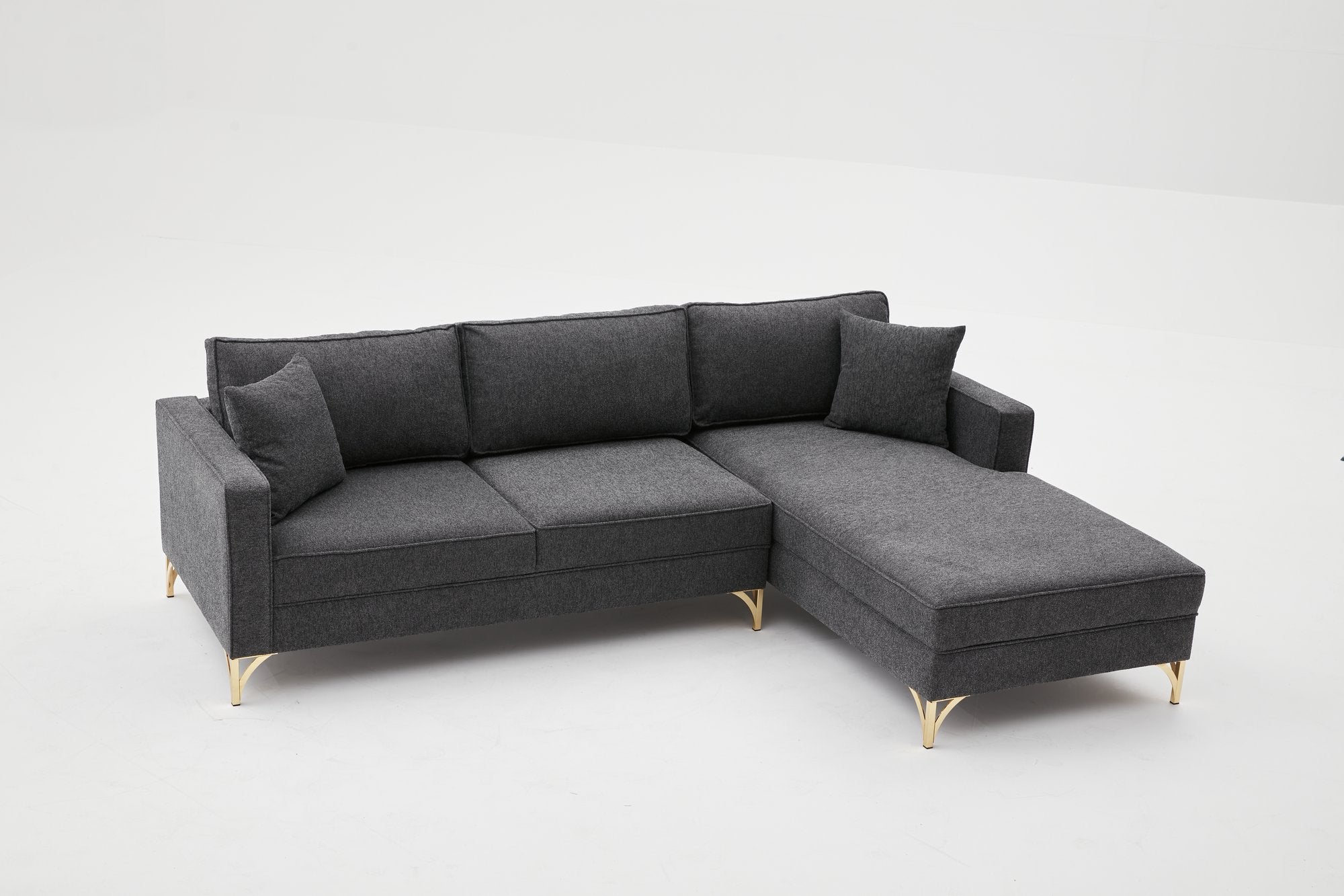 Sofá de Canto Moderno, Antracite e Dourado, 258 cm | Estrutura em Madeira de Faia, 100% Poliéster, Tecido Fácil de Limpar, Pés de Metal | Design Elegante e Confortável para Espaços de Convivência