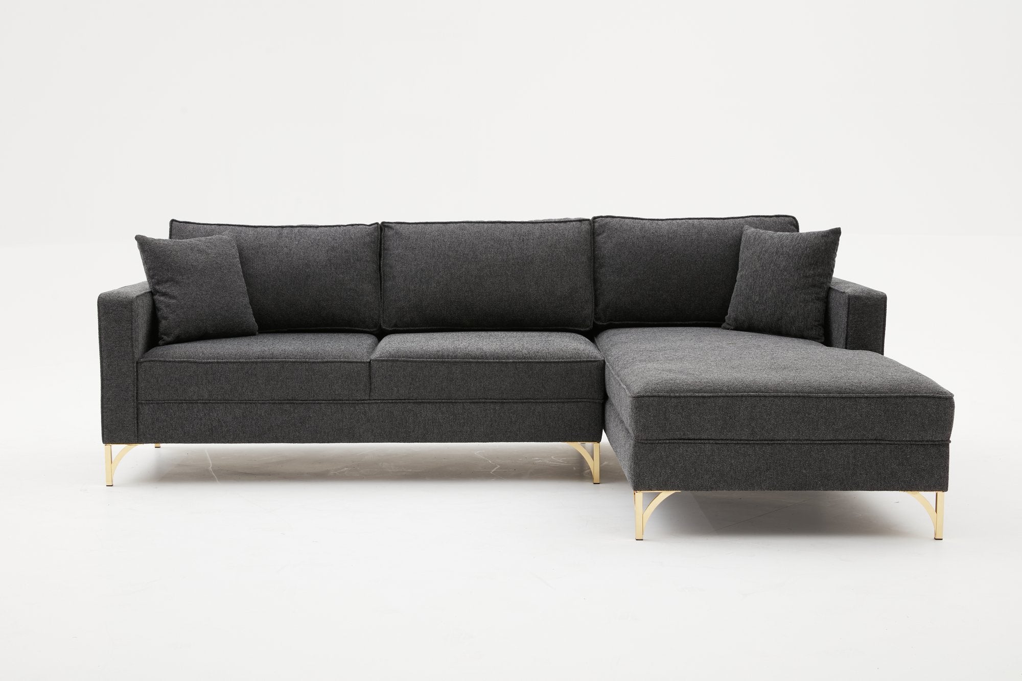 Sofá de Canto Moderno, Antracite e Dourado, 258 cm | Estrutura em Madeira de Faia, 100% Poliéster, Tecido Fácil de Limpar, Pés de Metal | Design Elegante e Confortável para Espaços de Convivência