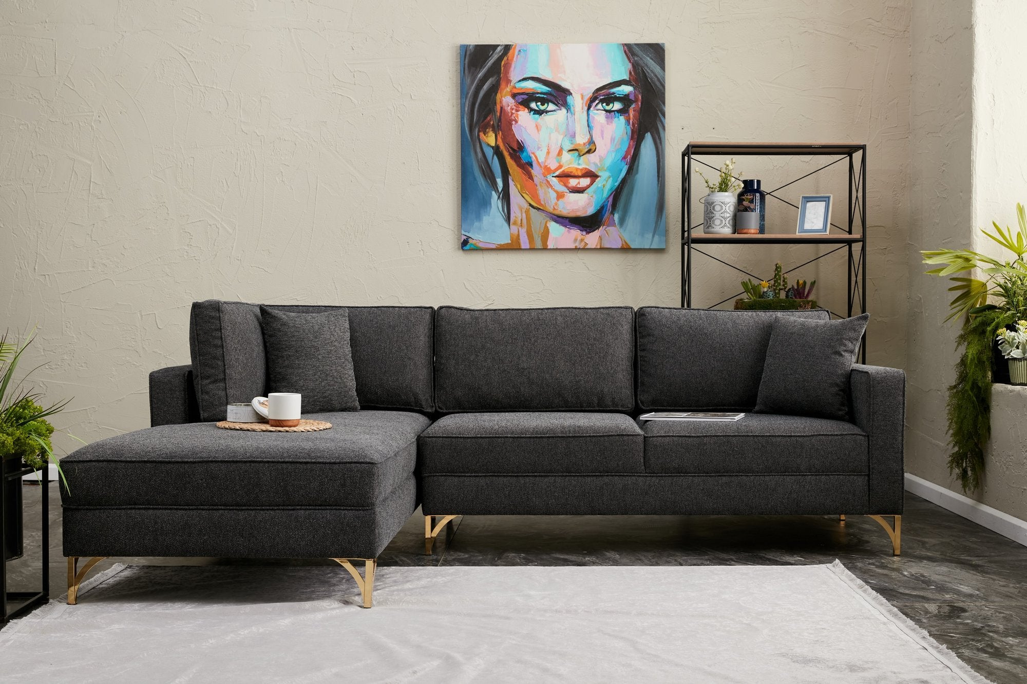 Sofá de Canto Moderno, Antracite e Dourado, 258 cm | Estrutura em Madeira de Faia, 100% Poliéster, Tecido Fácil de Limpar, Pés de Metal | Design Elegante e Confortável para Espaços de Convivência