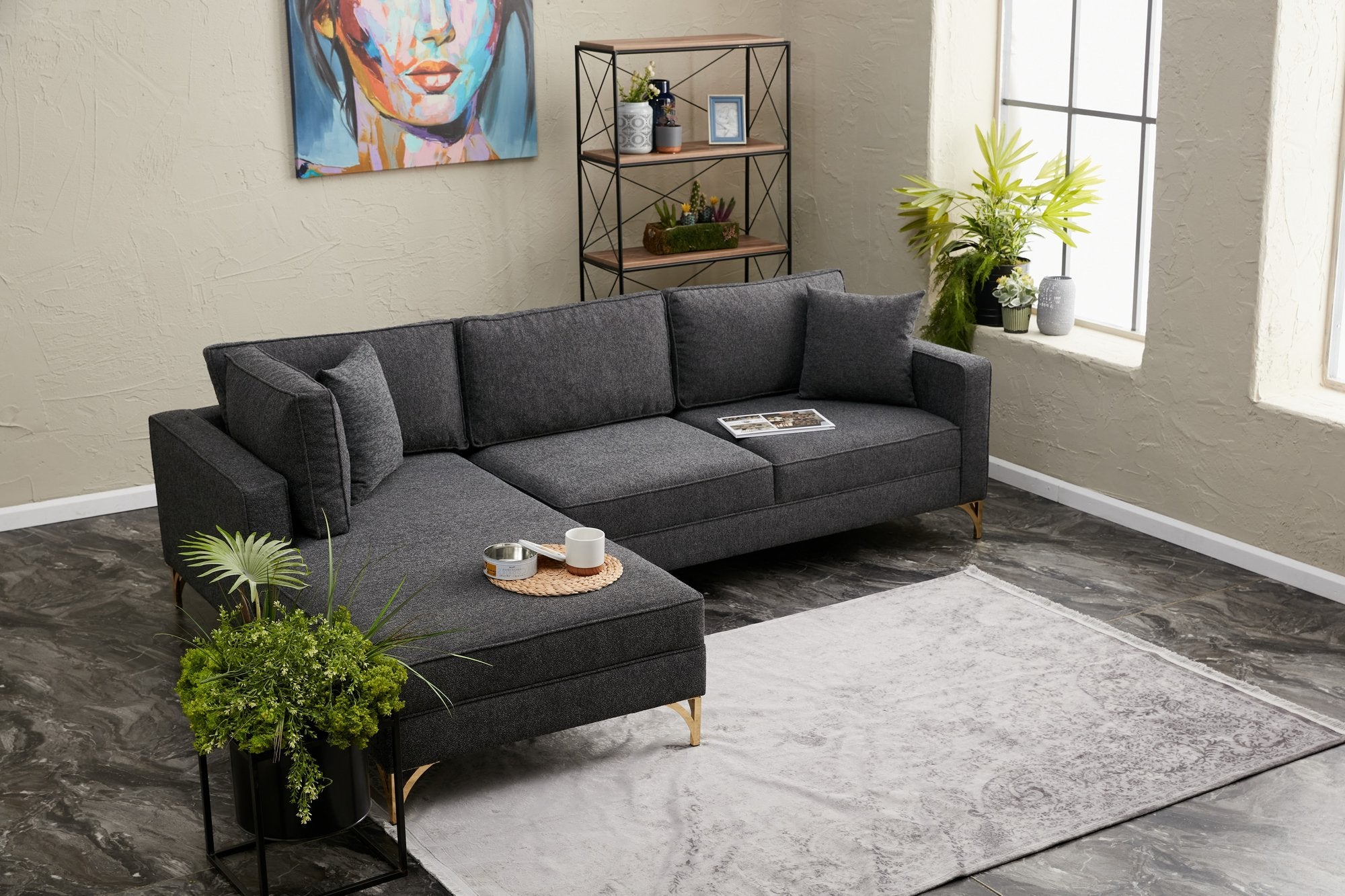 Sofá de Canto Moderno, Antracite e Dourado, 258 cm | Estrutura em Madeira de Faia, 100% Poliéster, Tecido Fácil de Limpar, Pés de Metal | Design Elegante e Confortável para Espaços de Convivência