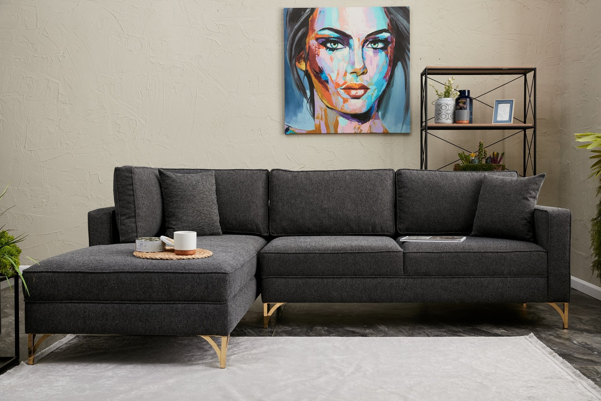 Sofá de Canto Moderno, Antracite e Dourado, 258 cm | Estrutura em Madeira de Faia, 100% Poliéster, Tecido Fácil de Limpar, Pés de Metal | Design Elegante e Confortável para Espaços de Convivência