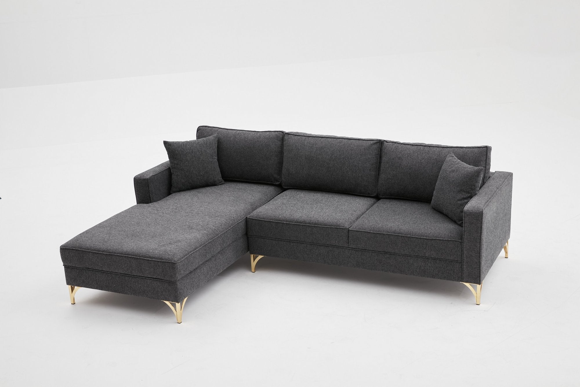 Sofá de Canto Moderno, Antracite e Dourado, 258 cm | Estrutura em Madeira de Faia, 100% Poliéster, Tecido Fácil de Limpar, Pés de Metal | Design Elegante e Confortável para Espaços de Convivência