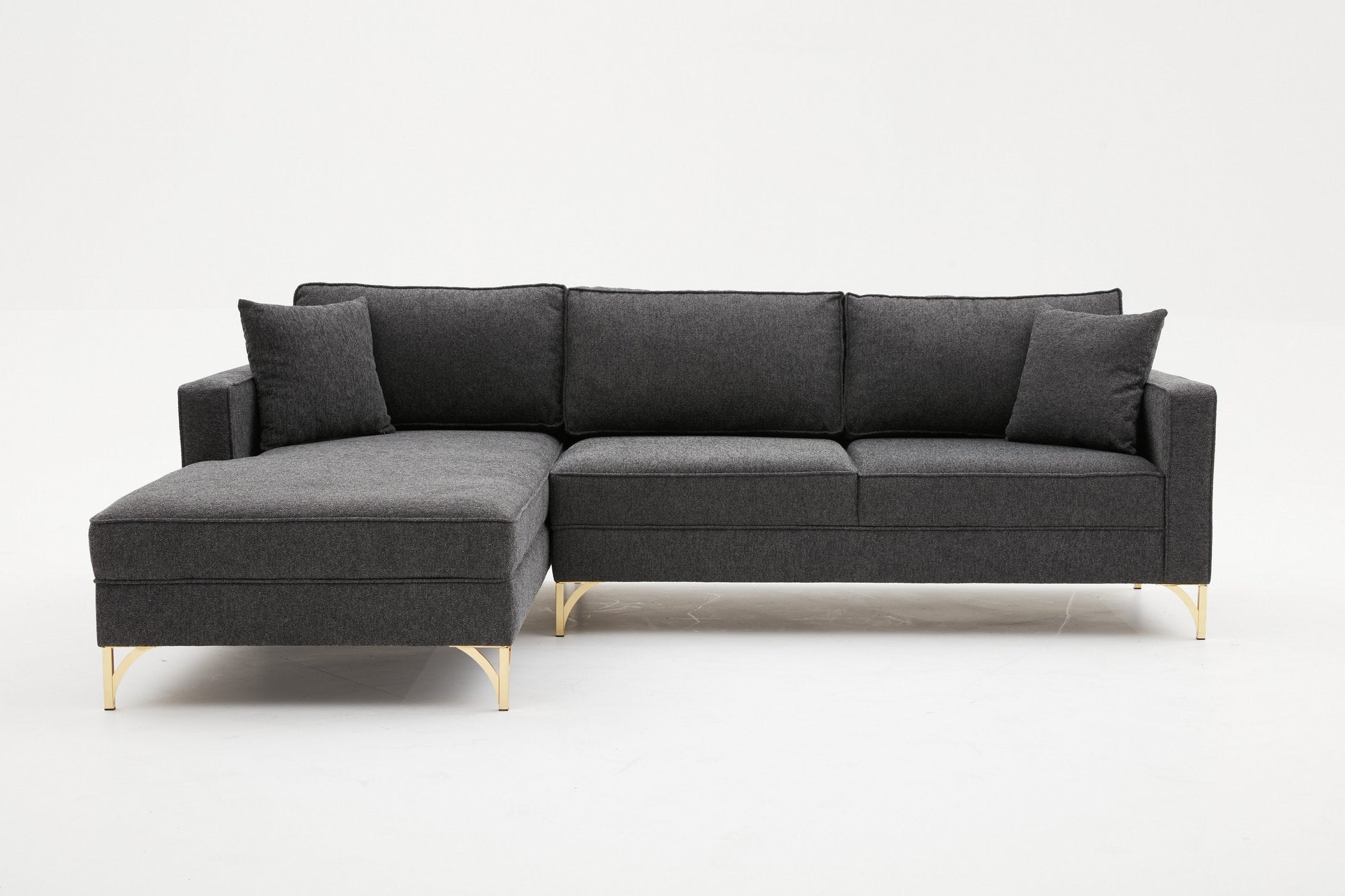 Sofá de Canto Moderno, Antracite e Dourado, 258 cm | Estrutura em Madeira de Faia, 100% Poliéster, Tecido Fácil de Limpar, Pés de Metal | Design Elegante e Confortável para Espaços de Convivência