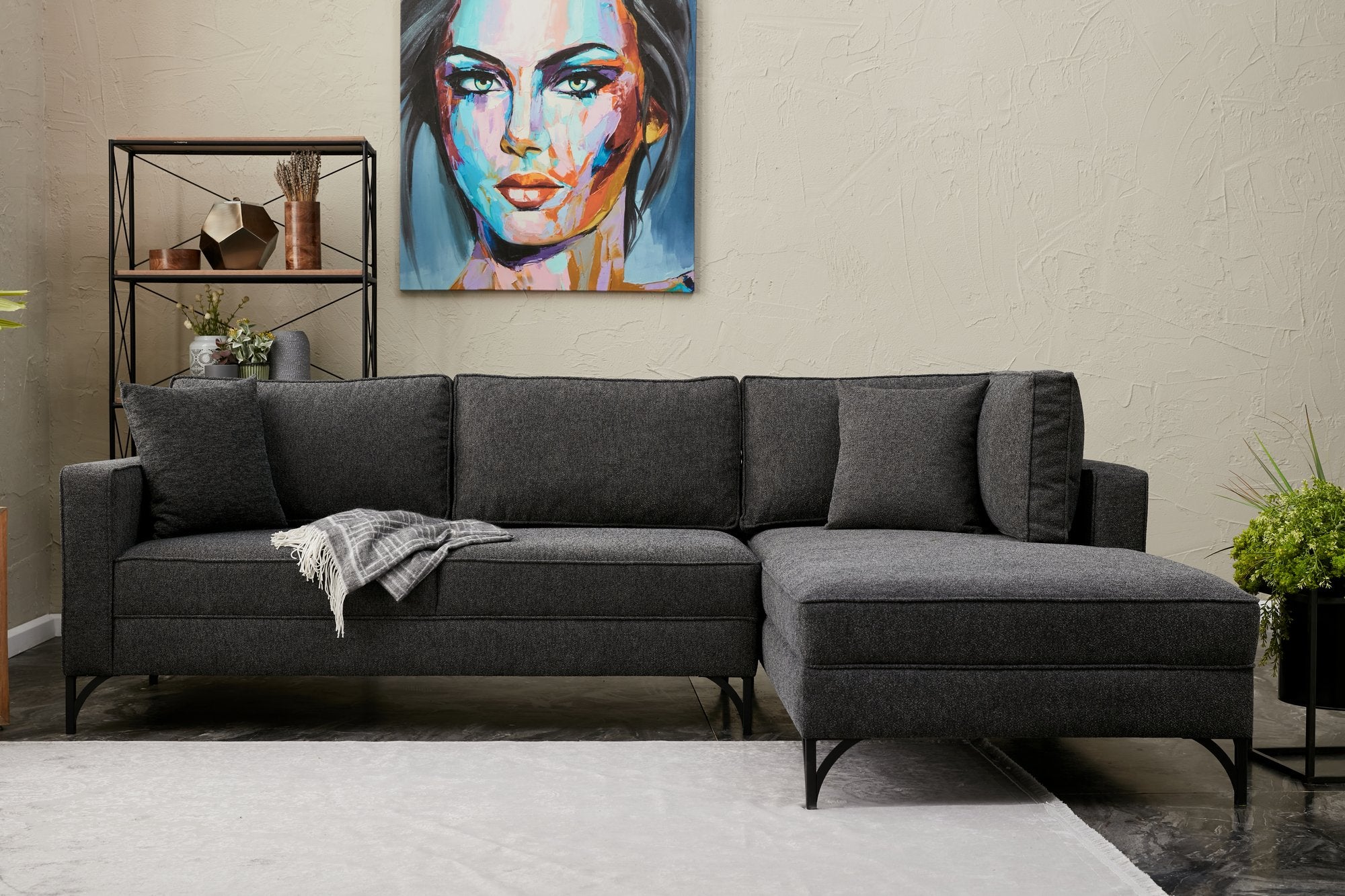 Sofá de Canto Moderno, Antracite e Preto, 258 cm | Estrutura em Madeira de Faia, 100% Poliéster, Fácil de Limpar, Pés de Metal | Elegante e Confortável para Espaços de Convivência