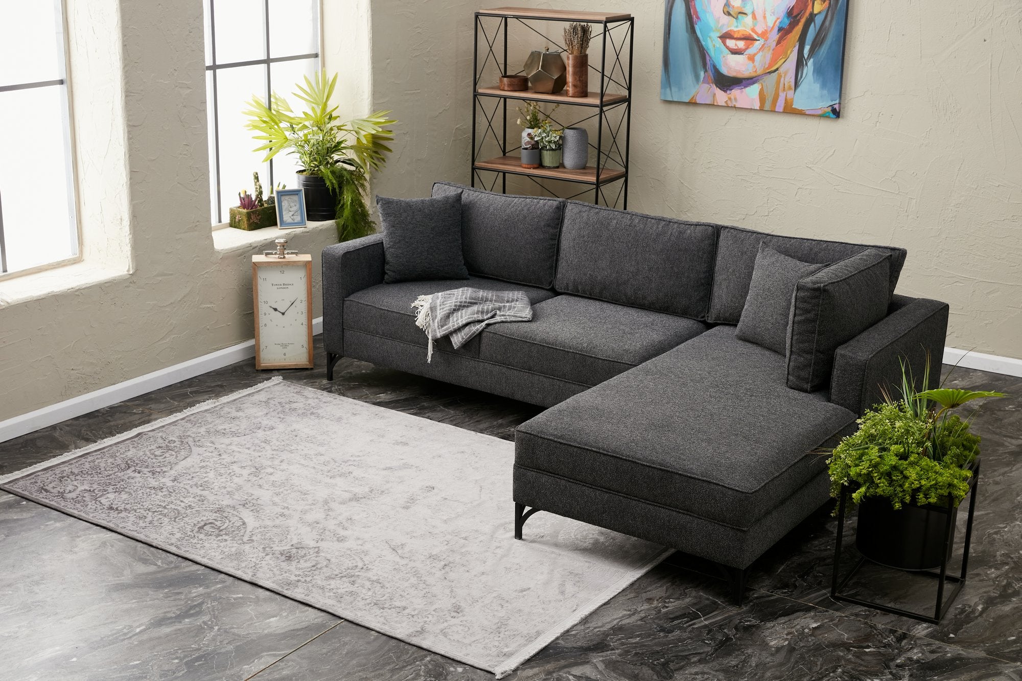 Sofá de Canto Moderno, Antracite e Preto, 258 cm | Estrutura em Madeira de Faia, 100% Poliéster, Fácil de Limpar, Pés de Metal | Elegante e Confortável para Espaços de Convivência