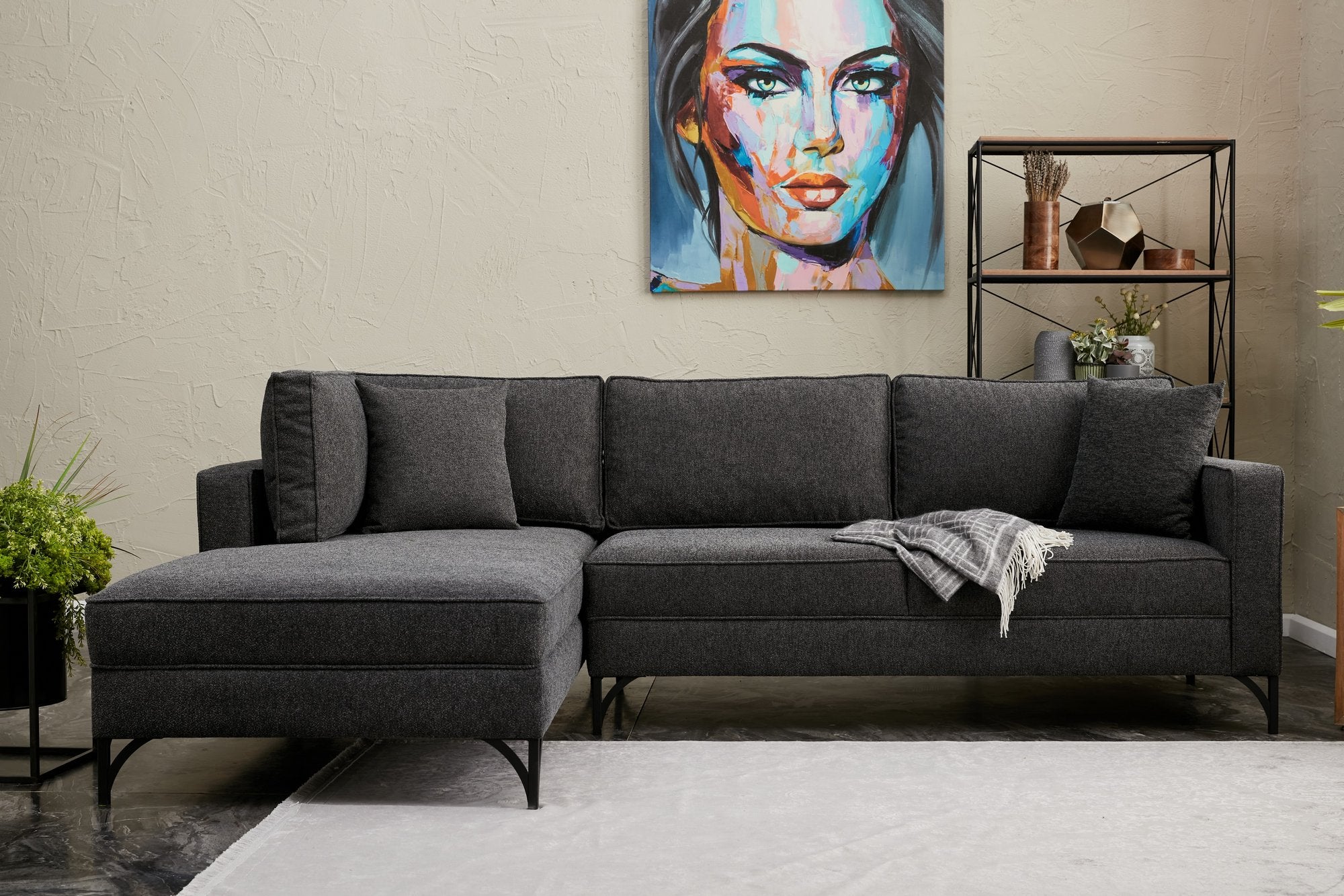 Sofá de Canto Moderno, Antracite e Preto, 258 cm | Estrutura em Madeira de Faia, 100% Poliéster, Fácil de Limpar, Pés de Metal | Elegante e Confortável para Espaços de Convivência