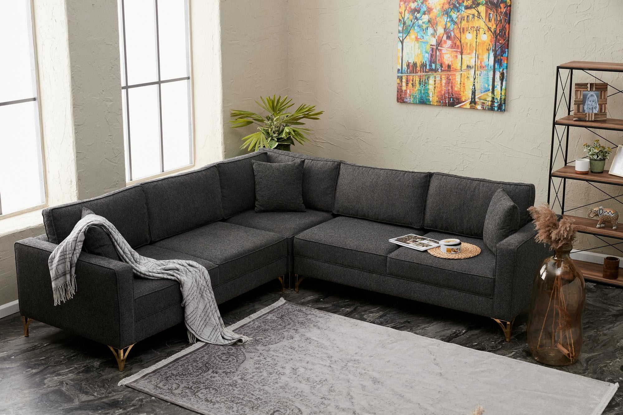 Sofá de Canto Moderno, Antracite e Dourado, 258 x 258 cm | Estrutura em Madeira de Faia, 100% Poliéster, Tecido Fácil de Limpar, Pernas de Metal Elegantes, Perfeito para Espaços Glamourosos