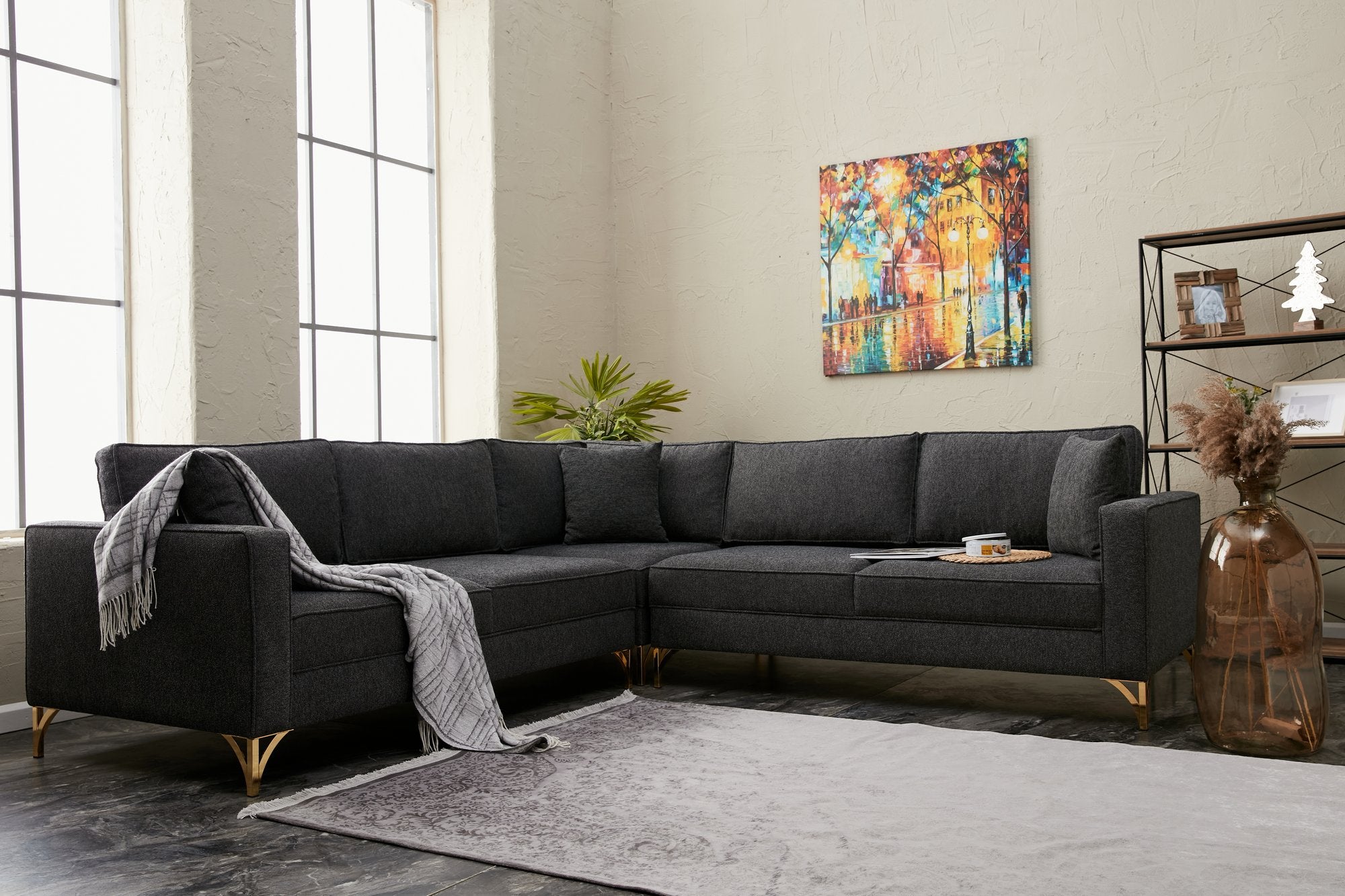 Sofá de Canto Moderno, Antracite e Dourado, 258 x 258 cm | Estrutura em Madeira de Faia, 100% Poliéster, Tecido Fácil de Limpar, Pernas de Metal Elegantes, Perfeito para Espaços Glamourosos