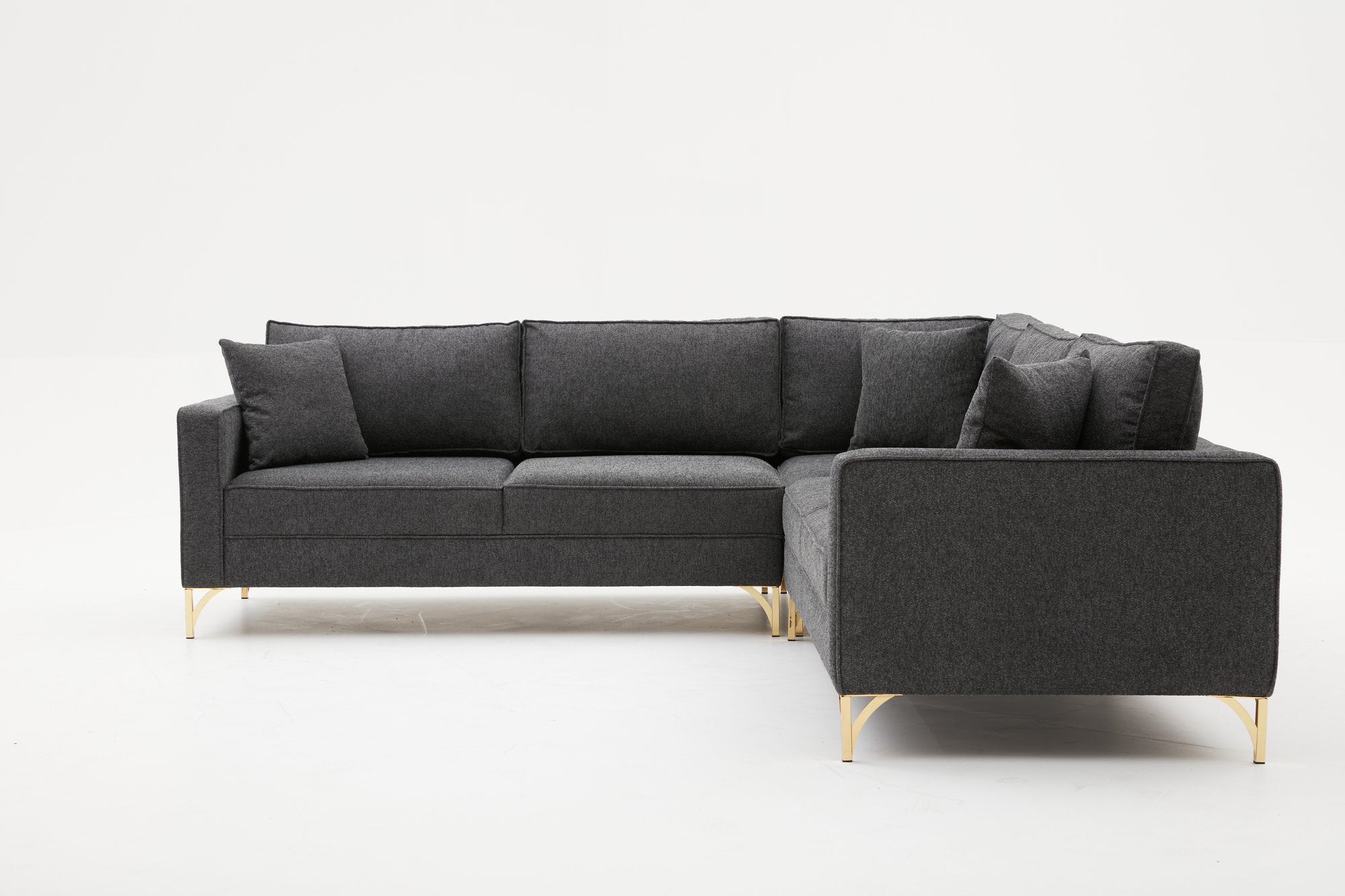 Sofá de Canto Moderno, Antracite e Dourado, 258 x 258 cm | Estrutura em Madeira de Faia, 100% Poliéster, Tecido Fácil de Limpar, Pernas de Metal Elegantes, Perfeito para Espaços Glamourosos