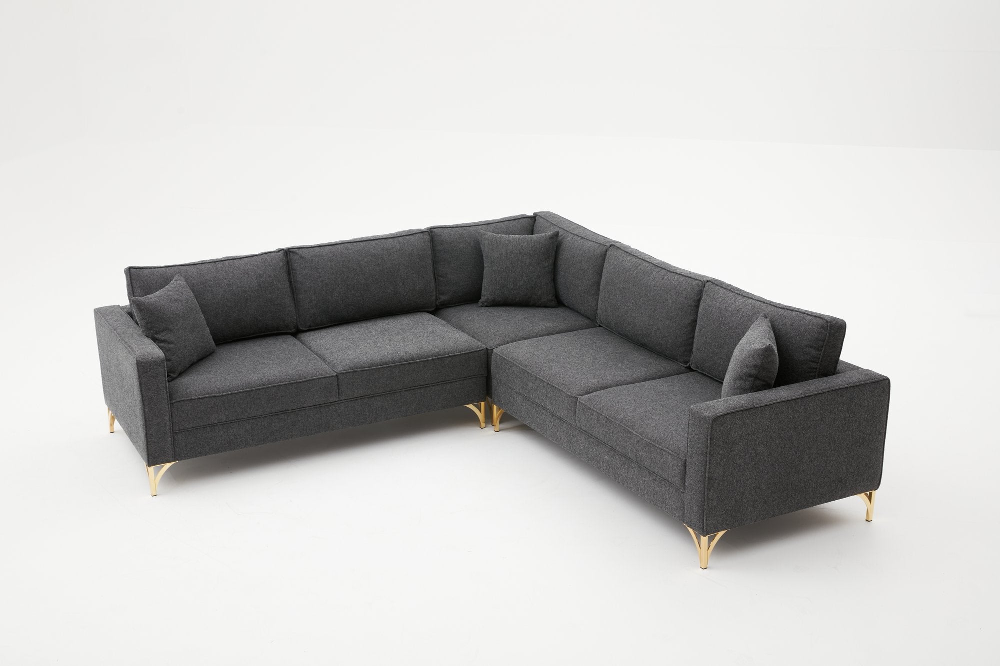 Sofá de Canto Moderno, Antracite e Dourado, 258 x 258 cm | Estrutura em Madeira de Faia, 100% Poliéster, Tecido Fácil de Limpar, Pernas de Metal Elegantes, Perfeito para Espaços Glamourosos