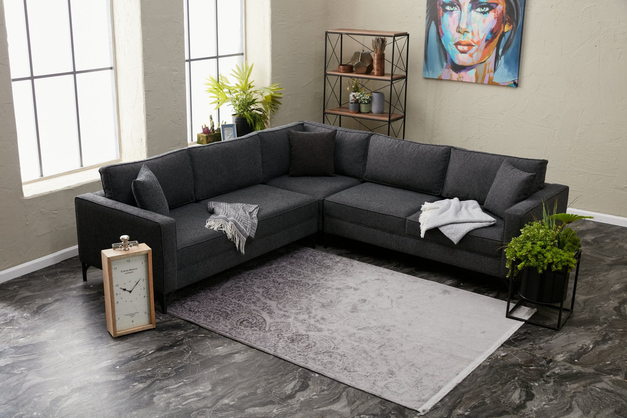 Sofá de Canto Moderno, Antracite e Preto, 258 x 258 cm | Estrutura em Madeira de Faia, 100% Poliéster, Tecido Fácil de Limpar, Pés de Metal, Design Elegante e Confortável