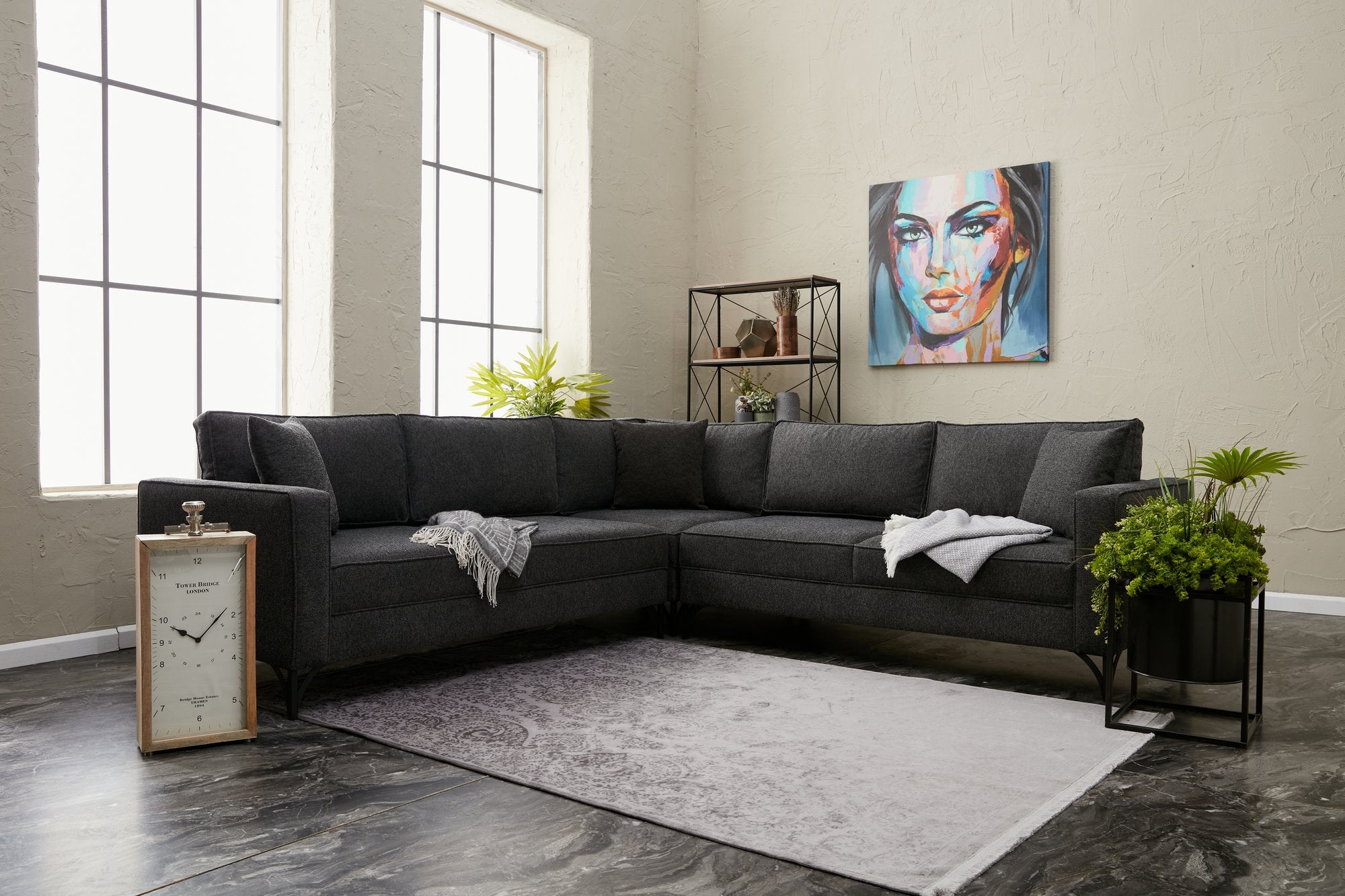 Sofá de Canto Moderno, Antracite e Preto, 258 x 258 cm | Estrutura em Madeira de Faia, 100% Poliéster, Tecido Fácil de Limpar, Pés de Metal, Design Elegante e Confortável