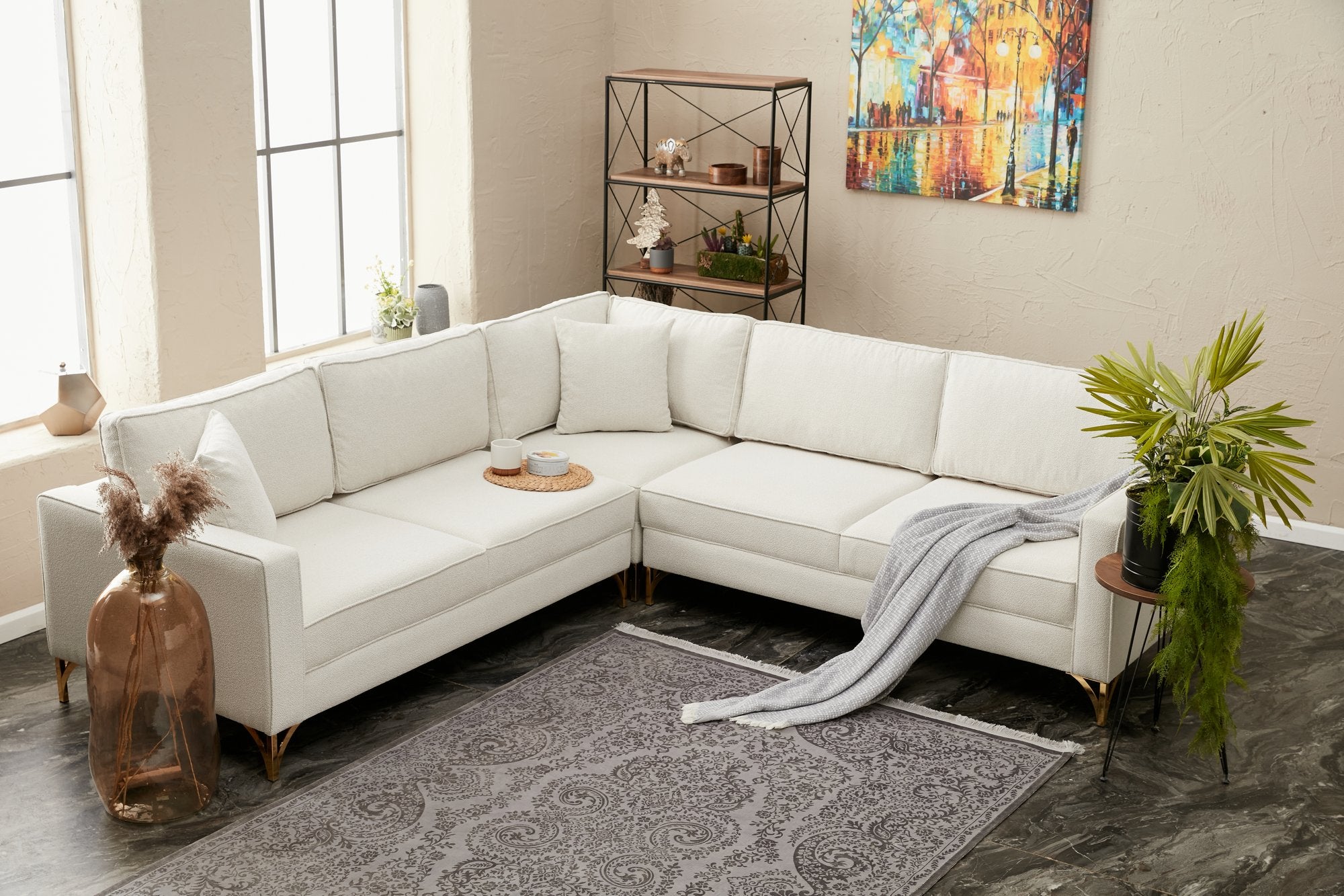 Sofá de Canto Elegante, Creme e Dourado, 258 x 258 cm | Estrutura em Madeira de Faia, 100% Poliéster, Tecido Fácil de Limpar, Pés de Metal | Design Moderno e Glamouroso para Espaços de Convivência Elegantes